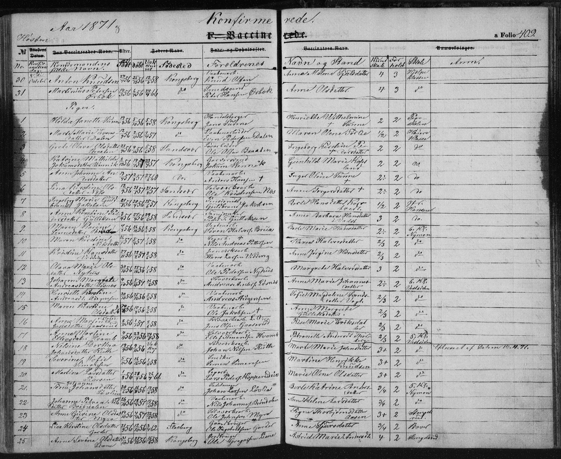 Kongsberg kirkebøker, AV/SAKO-A-22/F/Fa/L0010: Ministerialbok nr. I 10, 1859-1875, s. 409