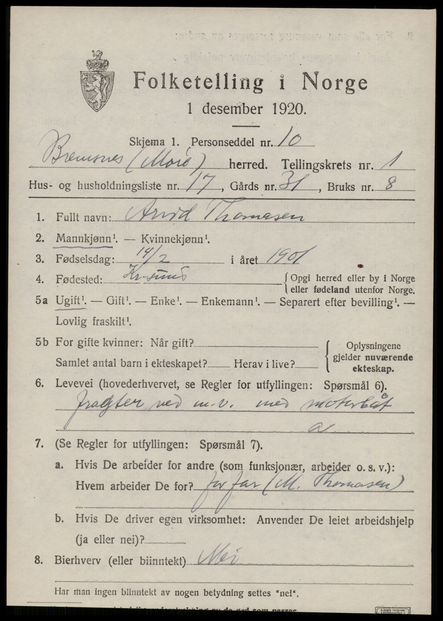 SAT, Folketelling 1920 for 1554 Bremsnes herred, 1920, s. 1709
