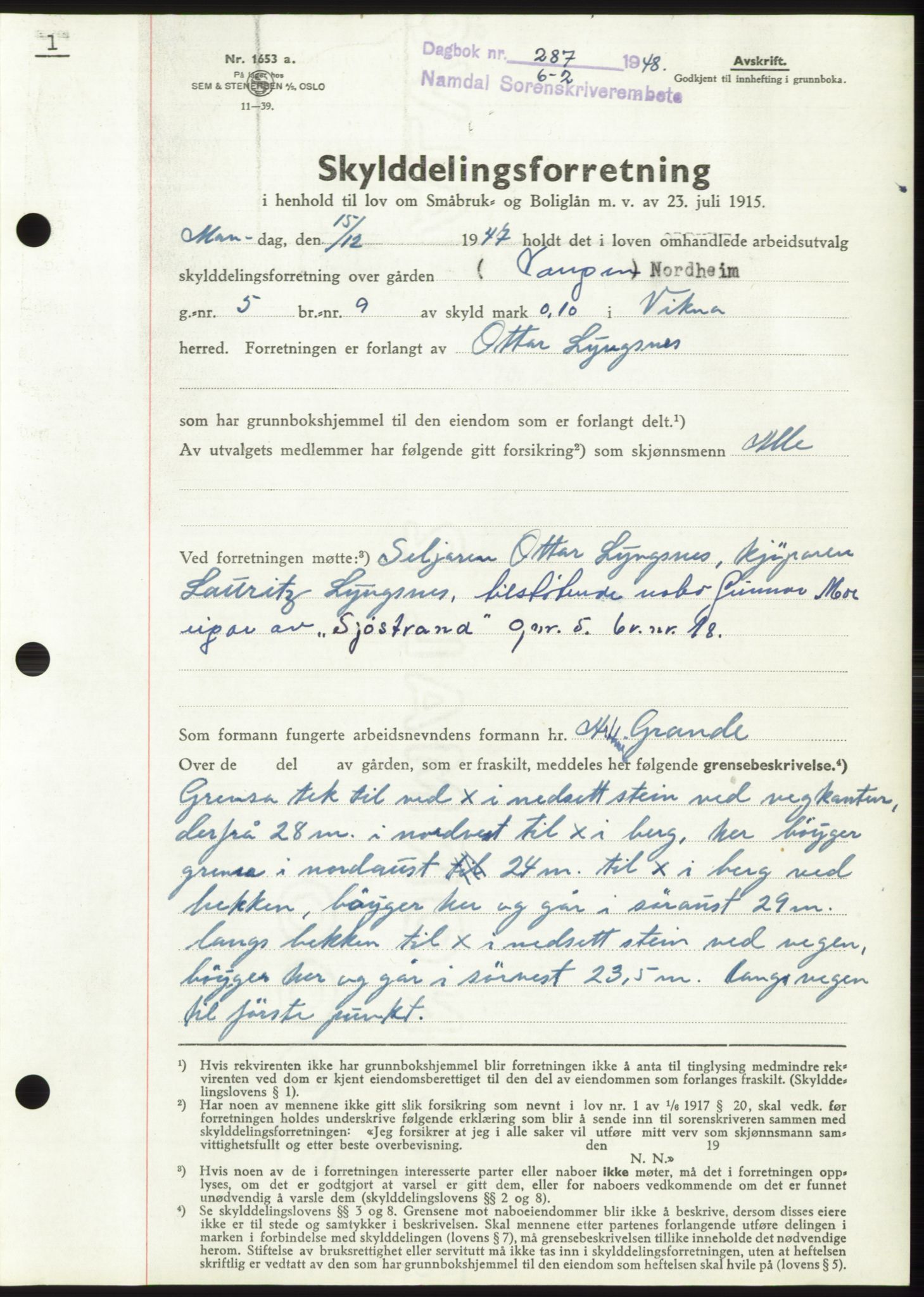 Namdal sorenskriveri, SAT/A-4133/1/2/2C: Pantebok nr. -, 1947-1948, Dagboknr: 287/1948
