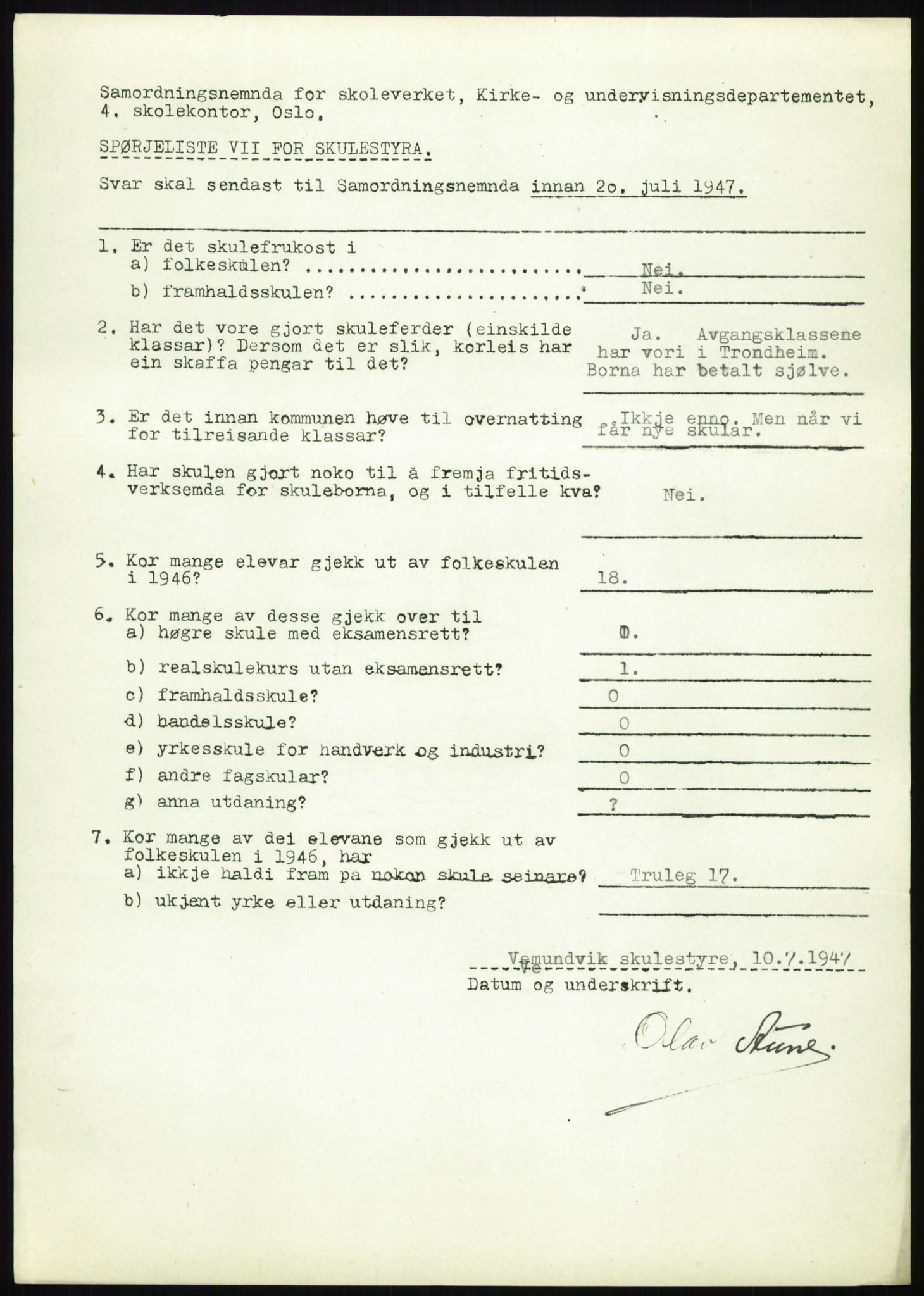 Kirke- og undervisningsdepartementet, Samordningsnemnda for skoleverket, RA/S-1146/D/L0008: Svar på spørreskjema fra kommuner i Nord-Trøndelag, Nordland, Troms og Finnmark, 1947, s. 163