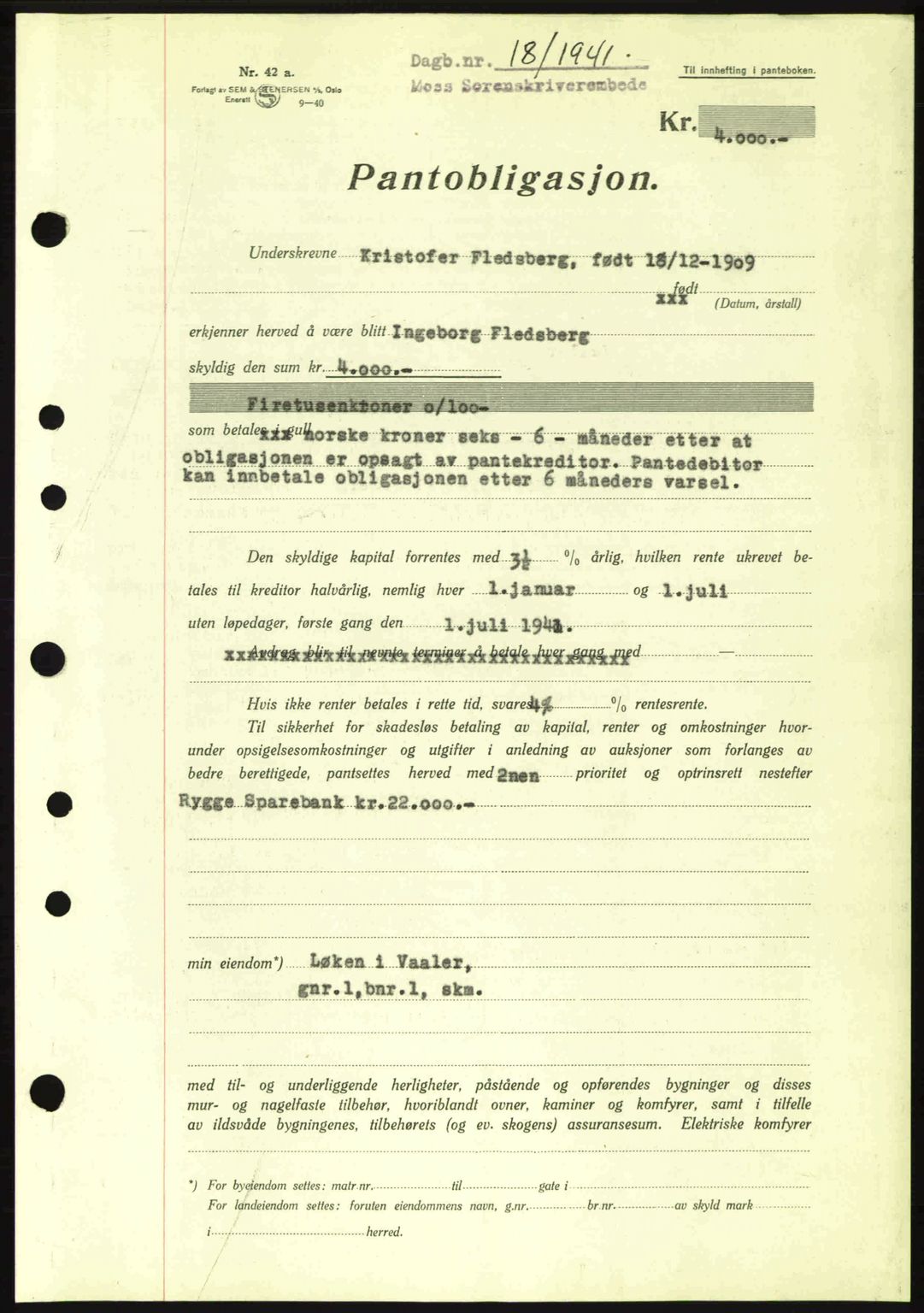 Moss sorenskriveri, SAO/A-10168: Pantebok nr. B10, 1940-1941, Dagboknr: 18/1941