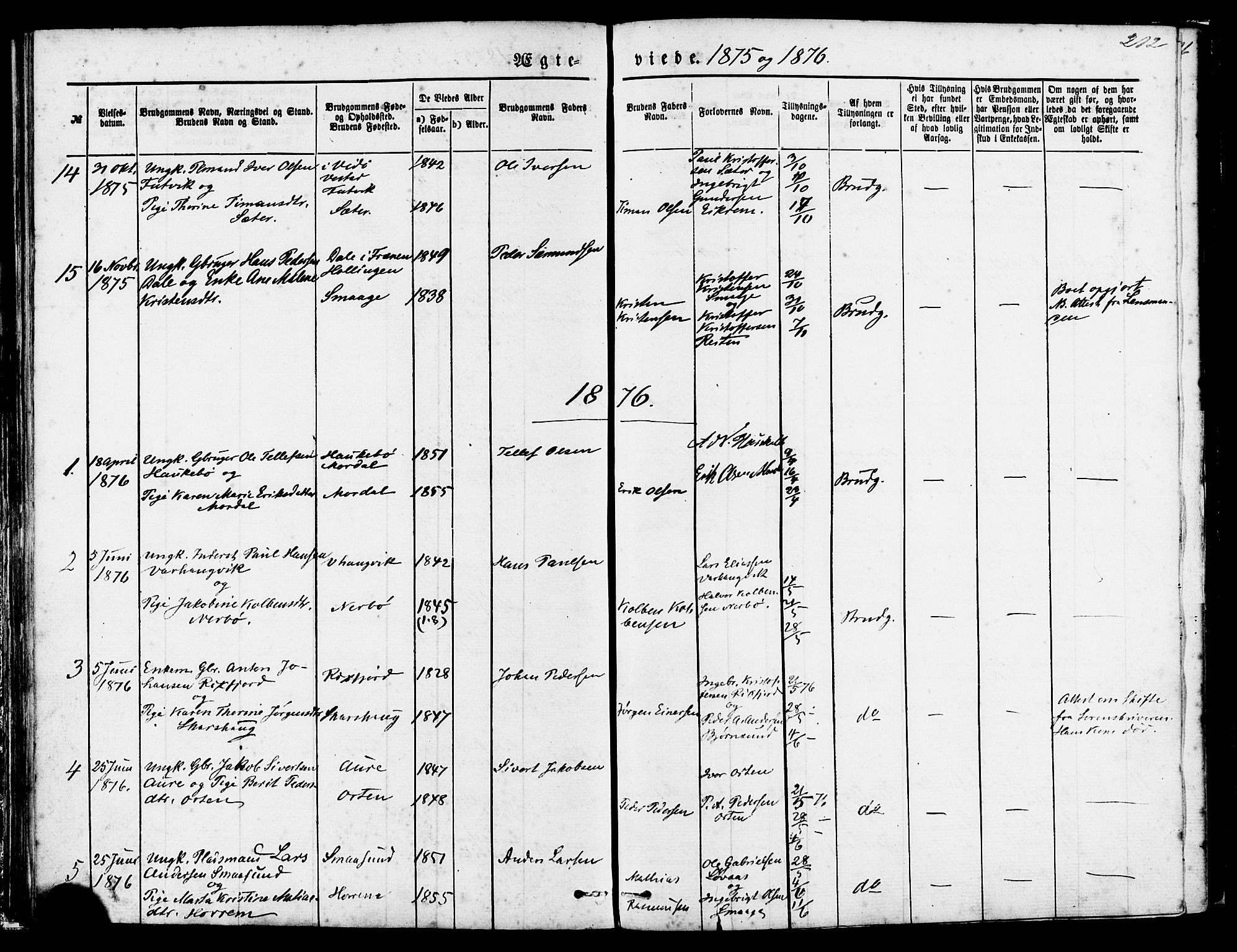 Ministerialprotokoller, klokkerbøker og fødselsregistre - Møre og Romsdal, AV/SAT-A-1454/560/L0720: Ministerialbok nr. 560A04, 1873-1878, s. 212