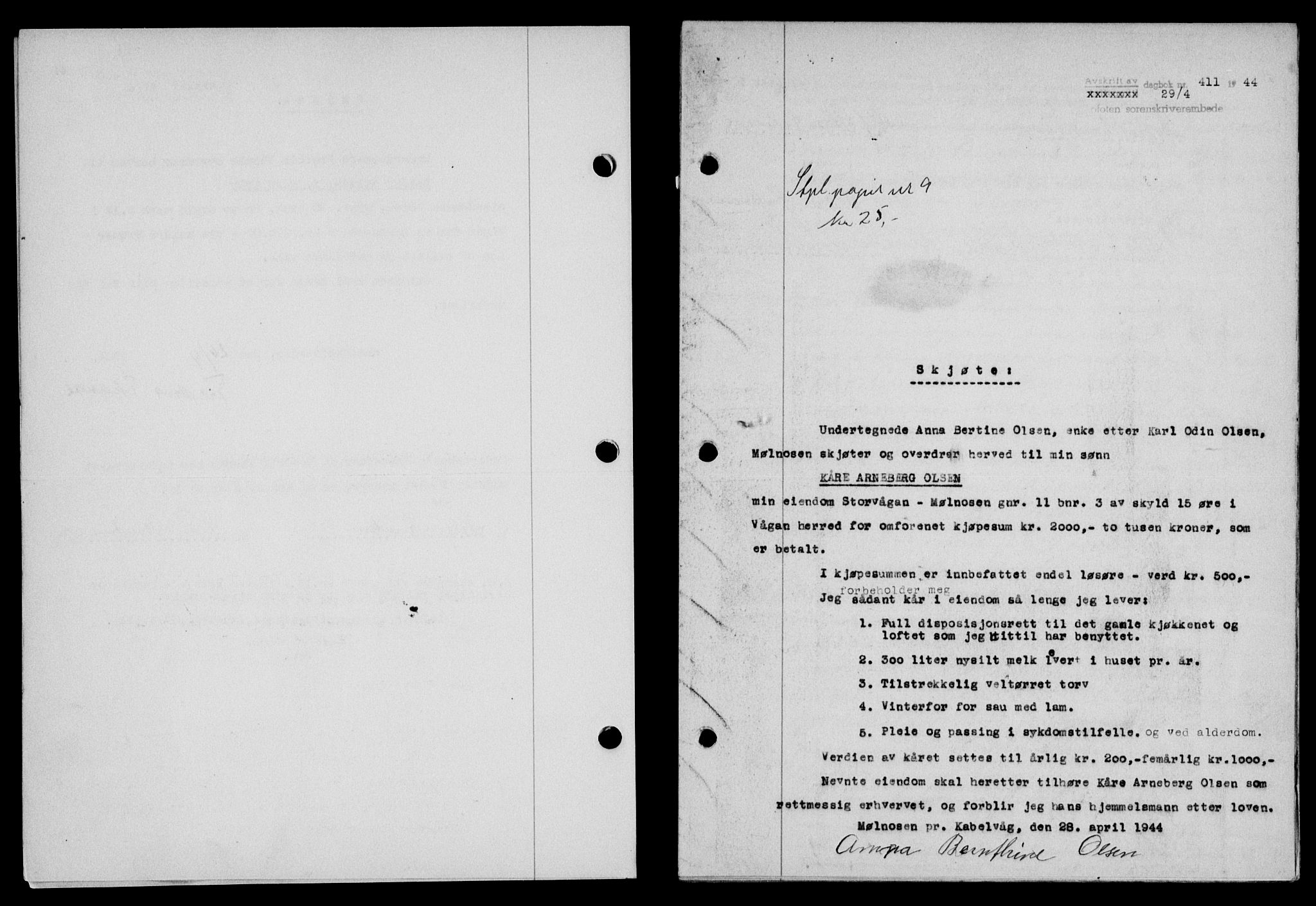 Lofoten sorenskriveri, SAT/A-0017/1/2/2C/L0012a: Pantebok nr. 12a, 1943-1944, Dagboknr: 411/1944