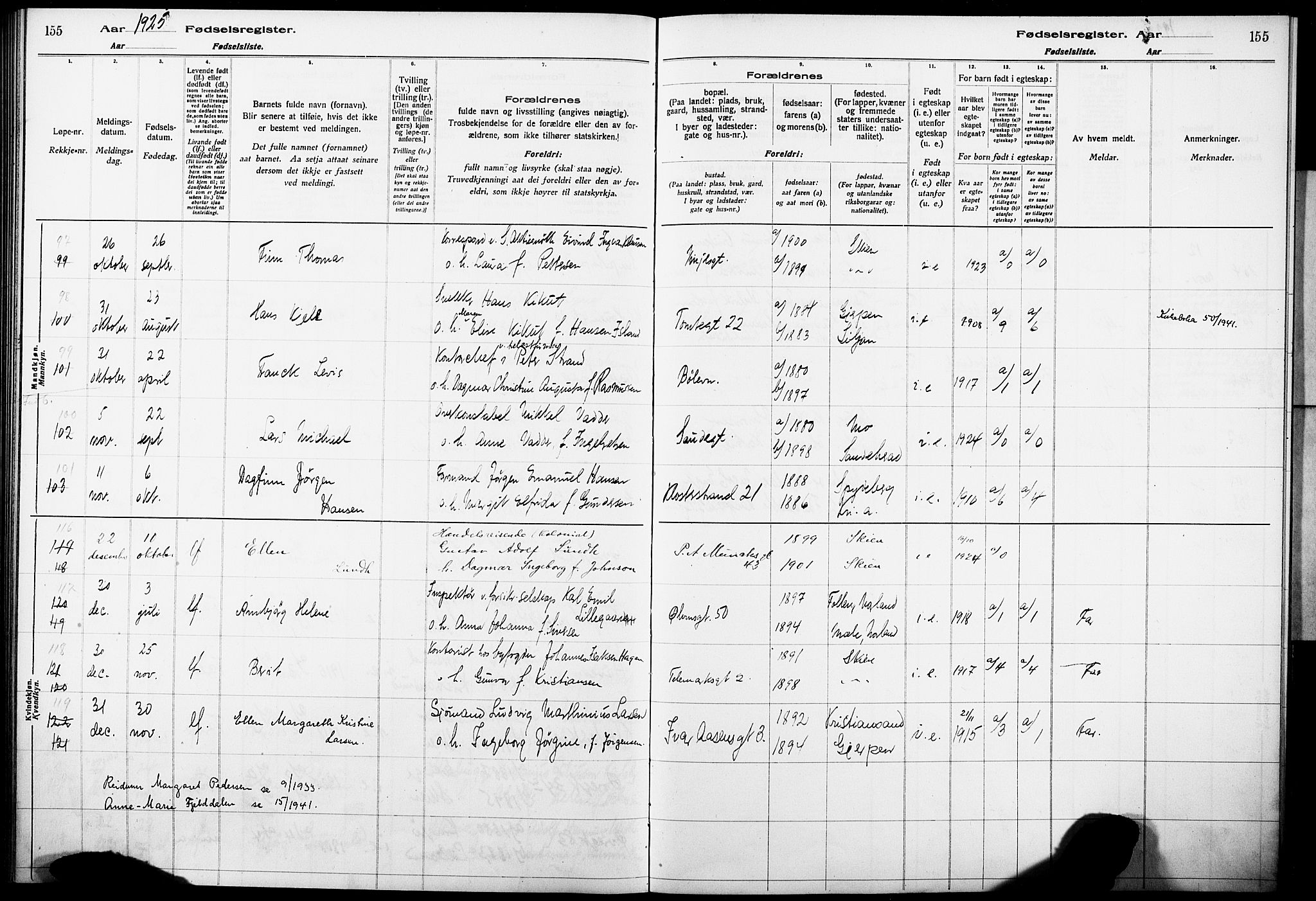 Skien kirkebøker, AV/SAKO-A-302/J/Ja/L0002: Fødselsregister nr. 2, 1921-1927, s. 155