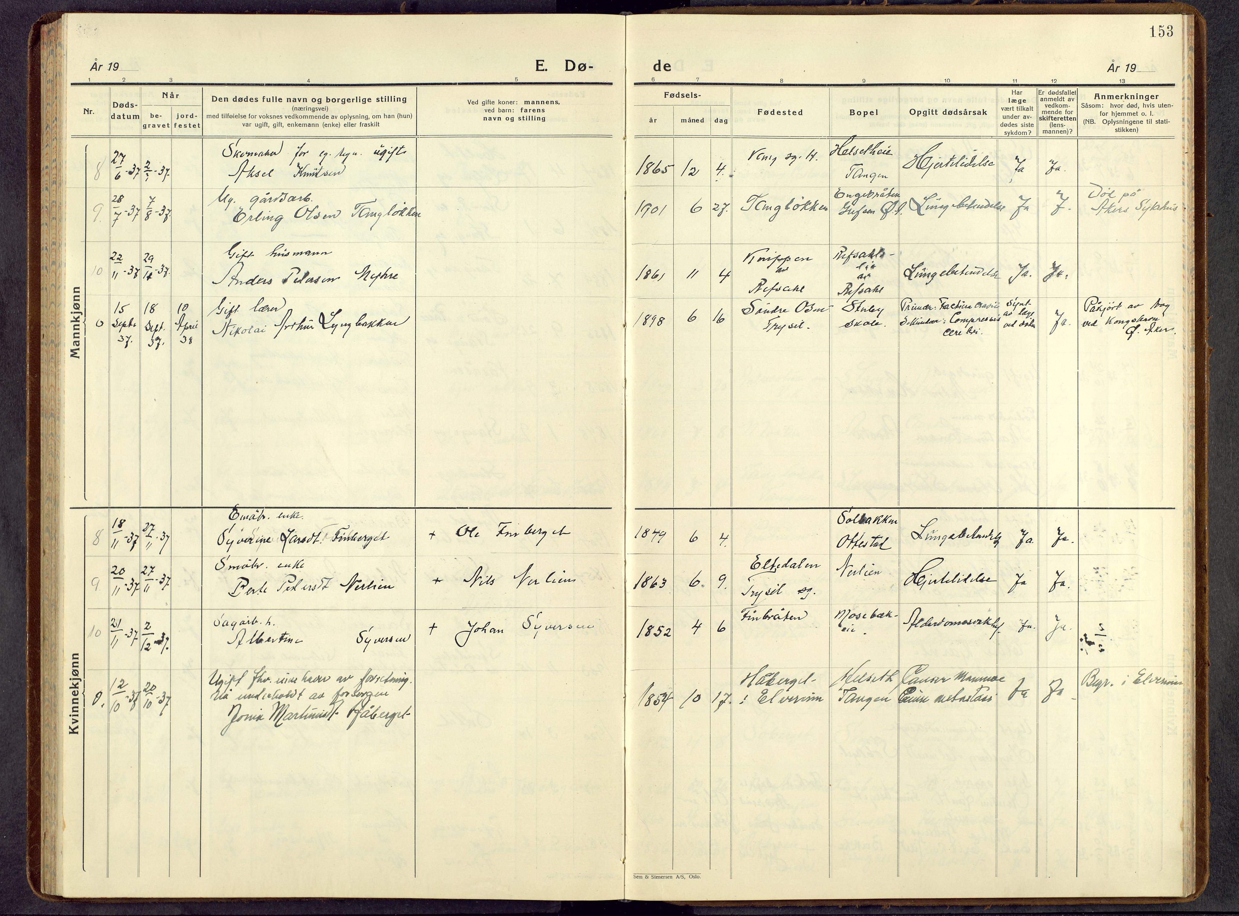 Stange prestekontor, AV/SAH-PREST-002/L/L0021: Klokkerbok nr. 21, 1937-1962, s. 153