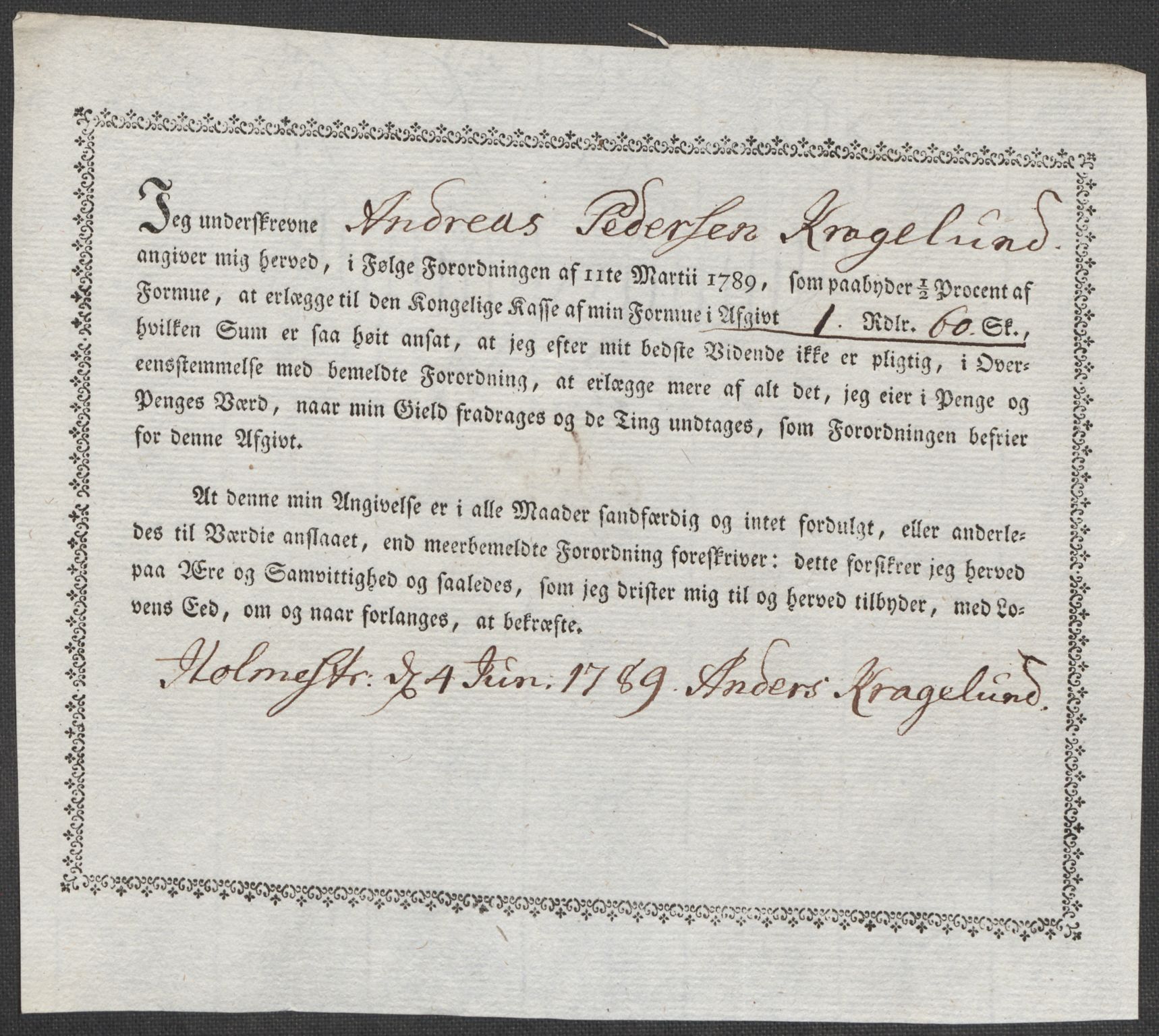 Rentekammeret inntil 1814, Reviderte regnskaper, Mindre regnskaper, AV/RA-EA-4068/Rf/Rfe/L0015: Holmestrand, Idd og Marker fogderi, 1789, s. 63