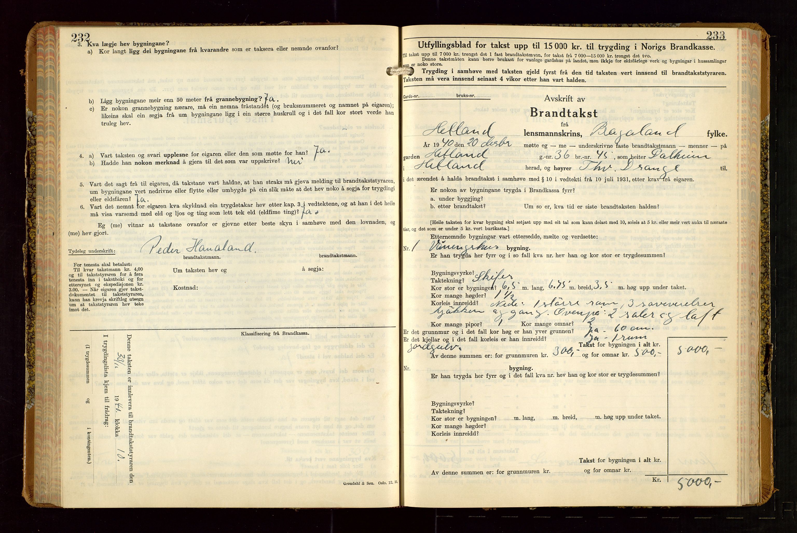 Hetland lensmannskontor, SAST/A-100101/Gob/L0007: "Brandtakstbok", 1939-1949, s. 232-233