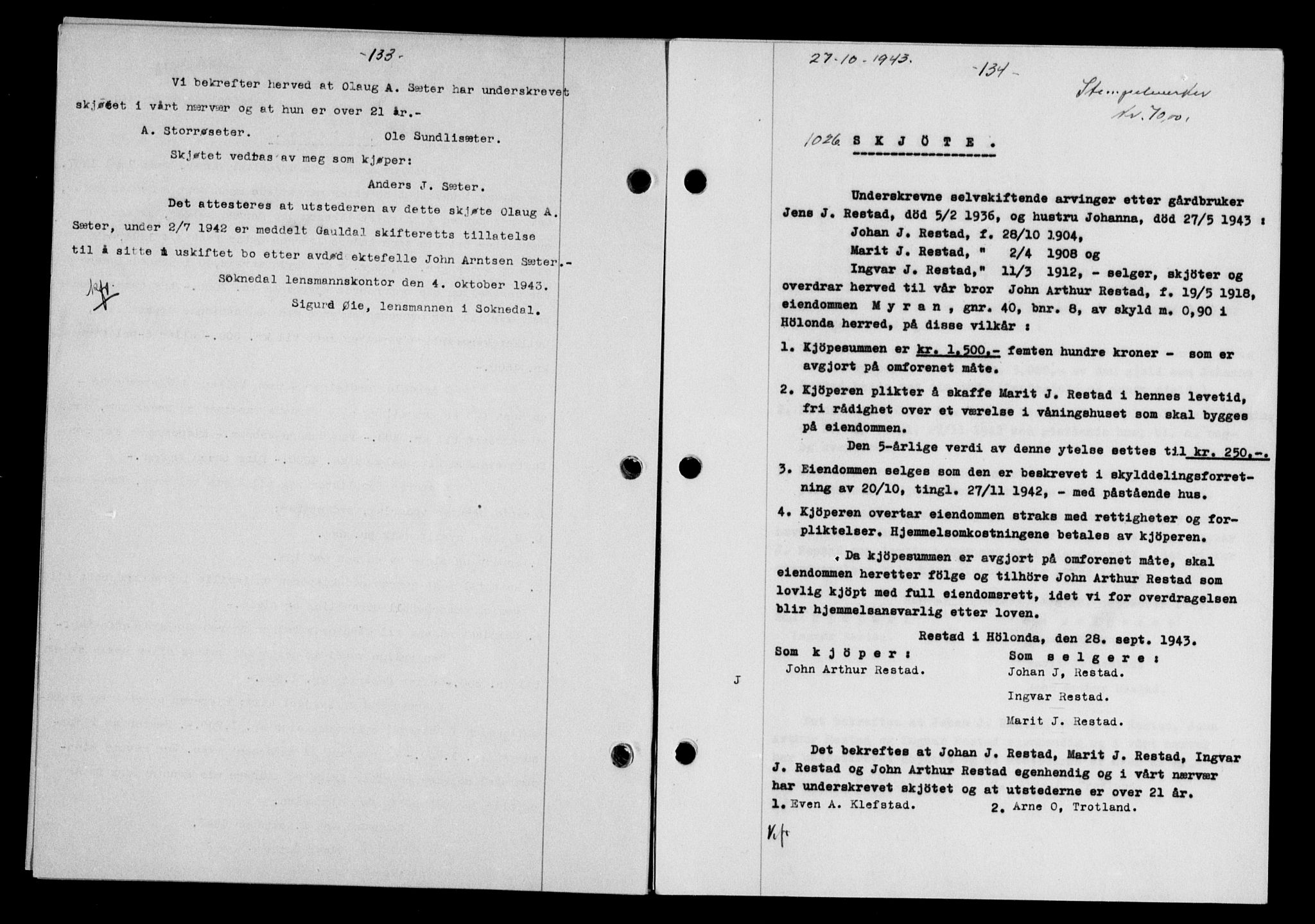 Gauldal sorenskriveri, SAT/A-0014/1/2/2C/L0057: Pantebok nr. 62, 1943-1944, Dagboknr: 1026/1943
