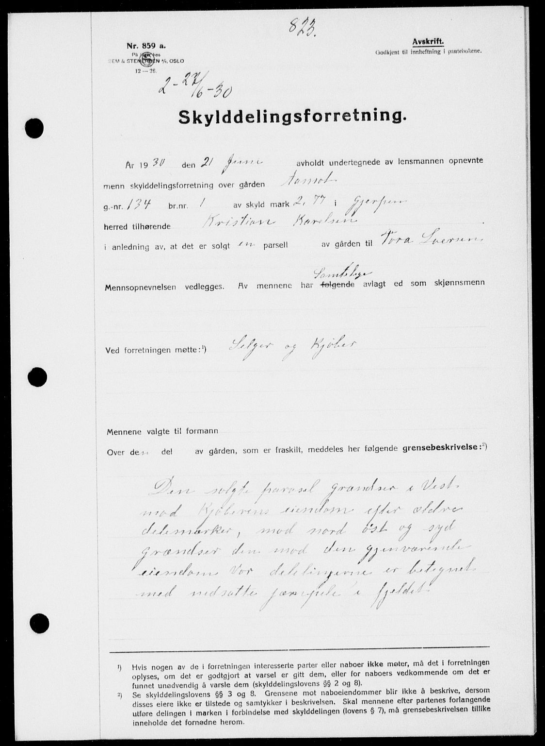 Gjerpen sorenskriveri, SAKO/A-216/G/Ga/Gaa/L0054: Pantebok nr. I 54-56, 1930-1931, s. 823, Tingl.dato: 27.06.1930
