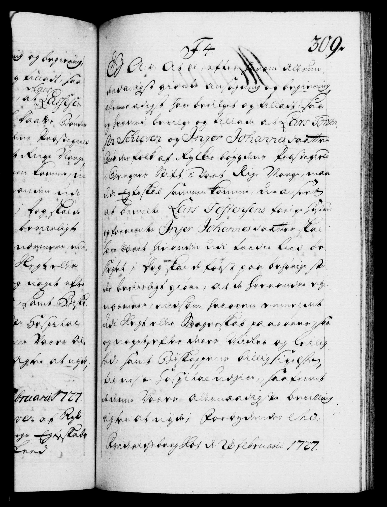 Danske Kanselli 1572-1799, RA/EA-3023/F/Fc/Fca/Fcaa/L0025: Norske registre, 1726-1728, s. 309a