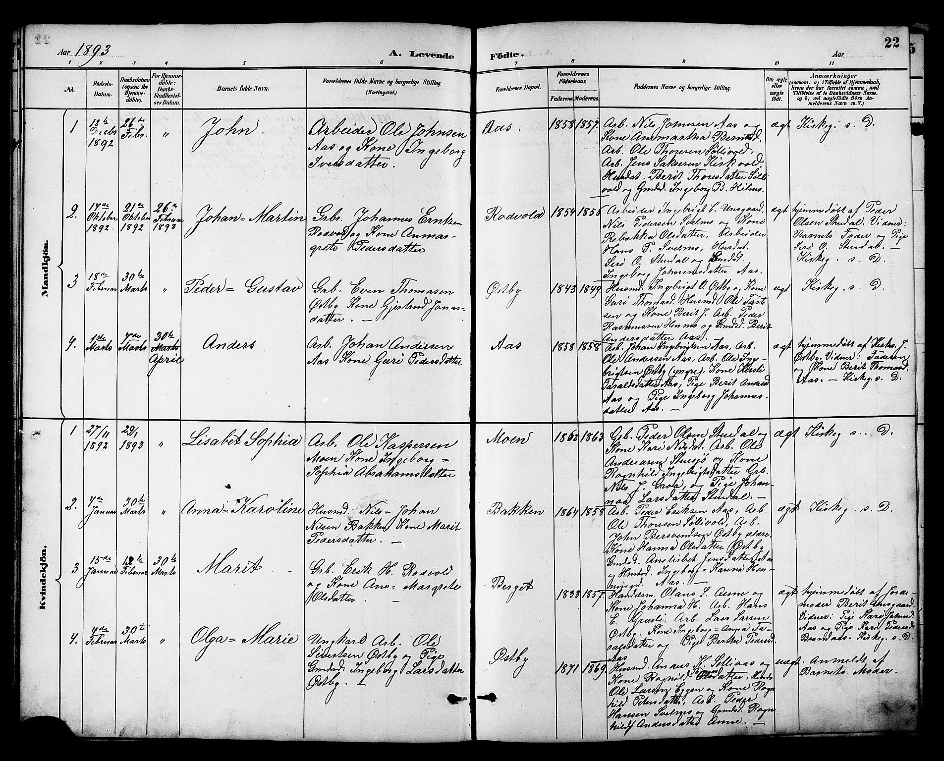 Ministerialprotokoller, klokkerbøker og fødselsregistre - Sør-Trøndelag, AV/SAT-A-1456/698/L1167: Klokkerbok nr. 698C04, 1888-1907, s. 22