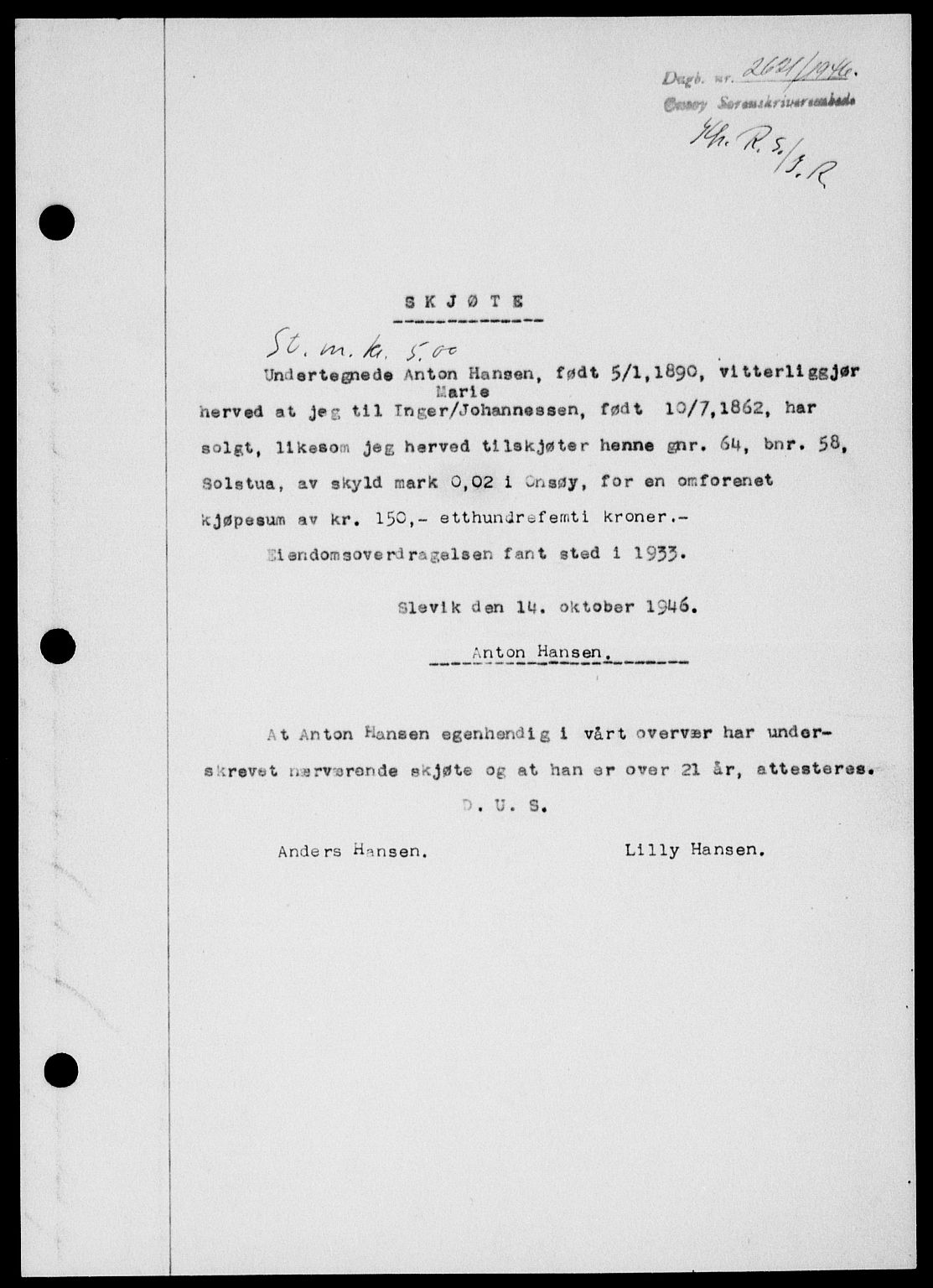Onsøy sorenskriveri, SAO/A-10474/G/Ga/Gab/L0017: Pantebok nr. II A-17, 1946-1946, Dagboknr: 2621/1946