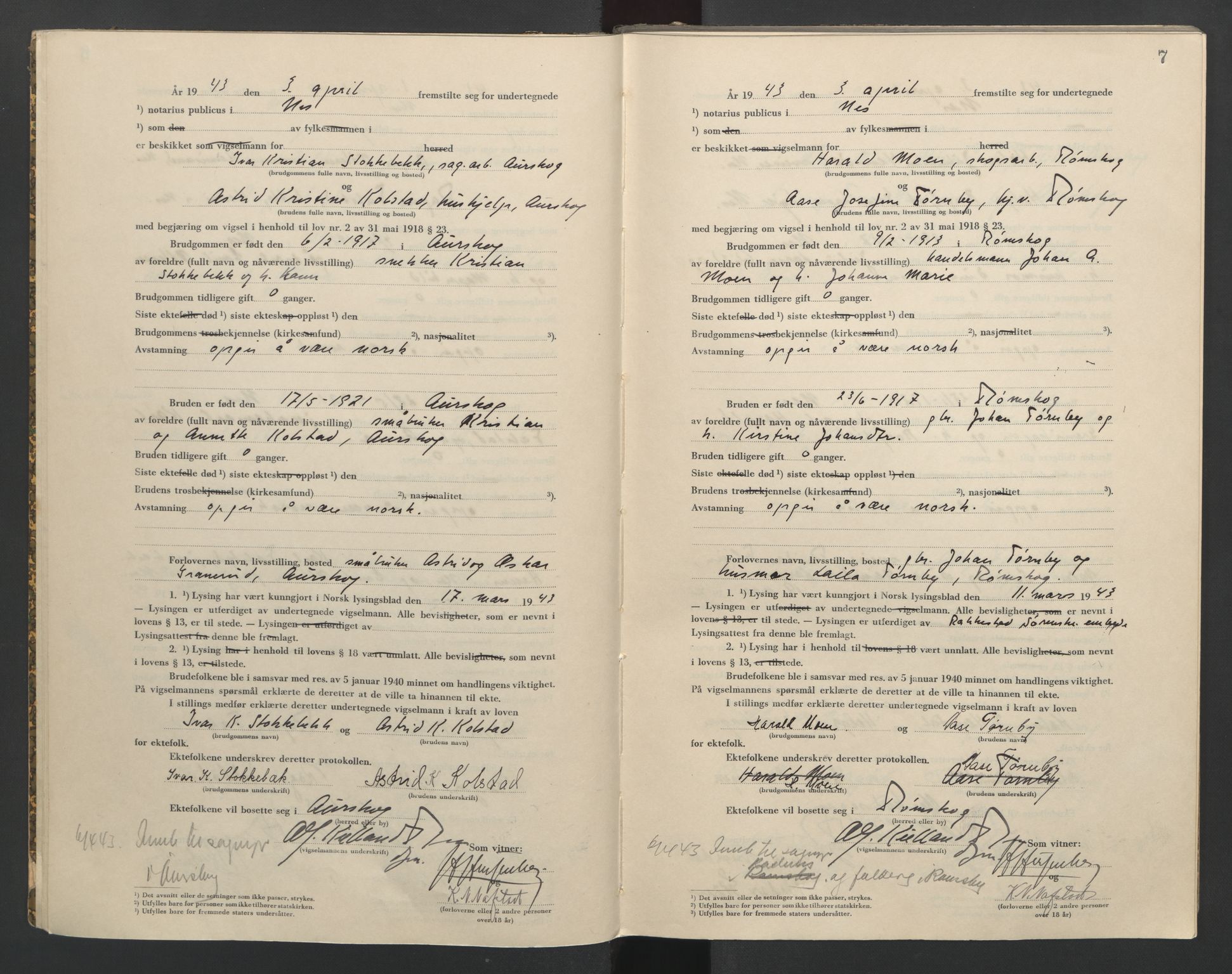 Nes tingrett, AV/SAO-A-10548/L/Lc/Lca/L0002: Vigselbok, 1943-1944, s. 7