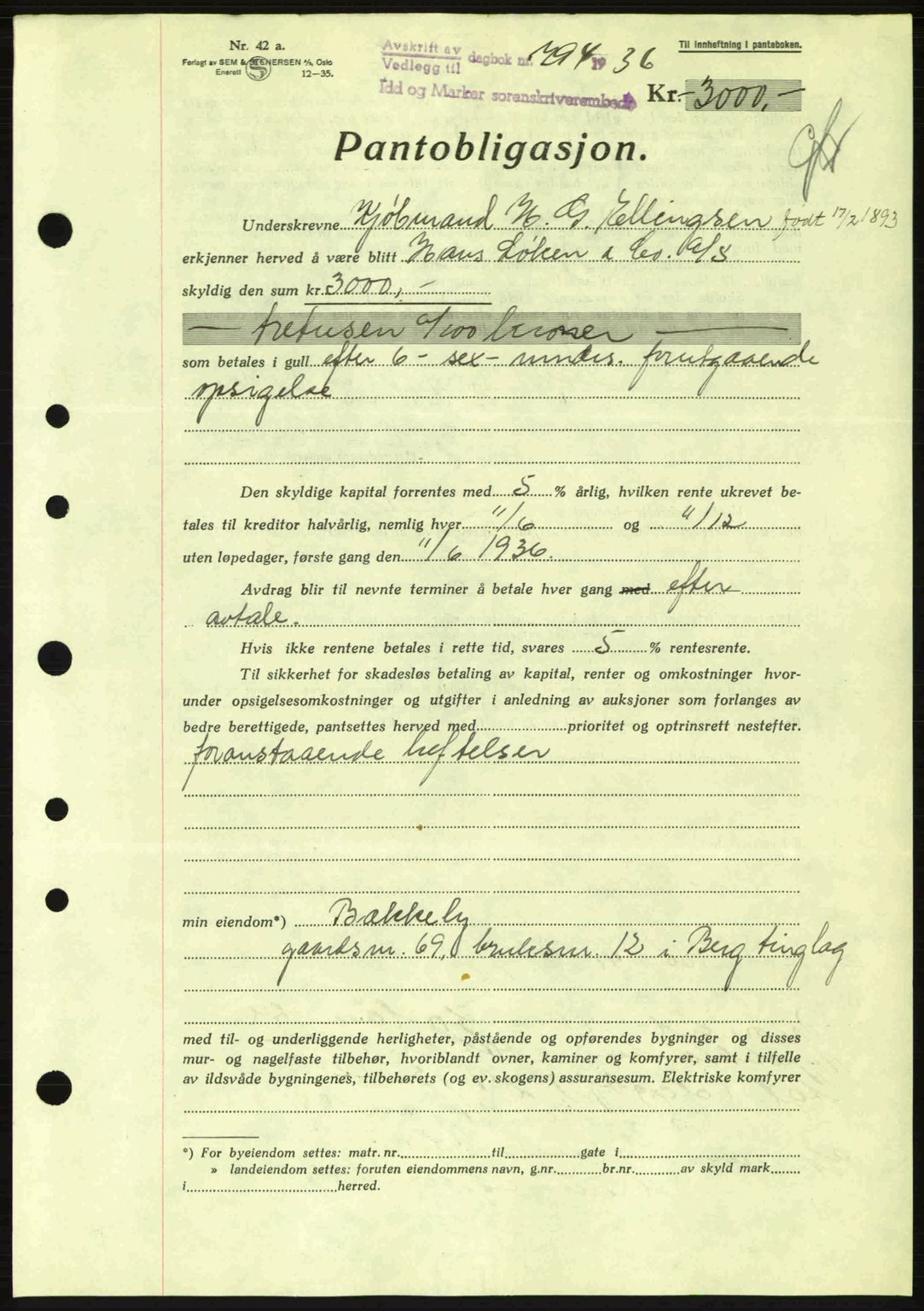 Idd og Marker sorenskriveri, AV/SAO-A-10283/G/Gb/Gbc/L0001: Pantebok nr. B1-3, 1936-1939, Dagboknr: 794/1936