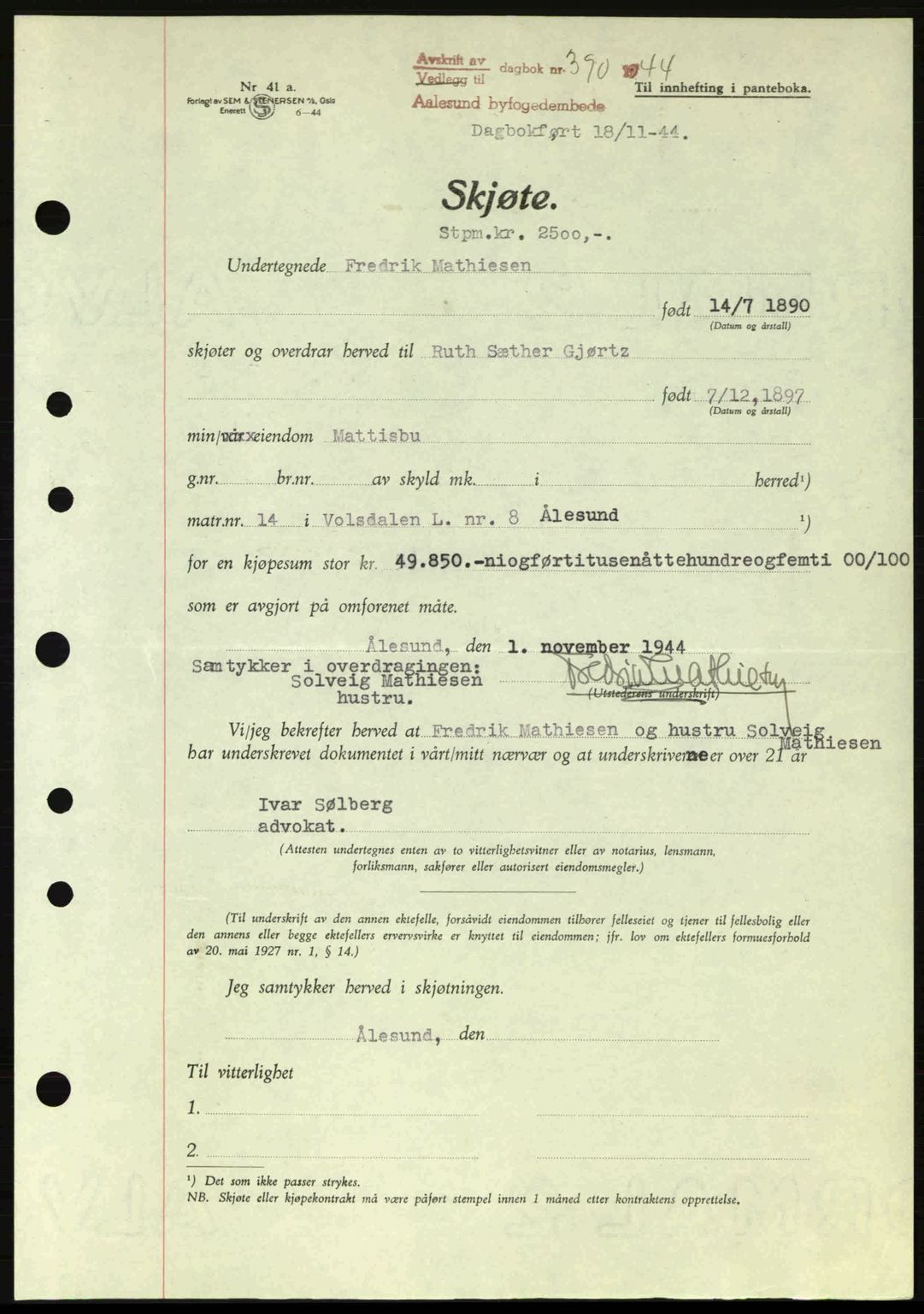 Ålesund byfogd, AV/SAT-A-4384: Pantebok nr. 36a, 1944-1945, Dagboknr: 390/1944