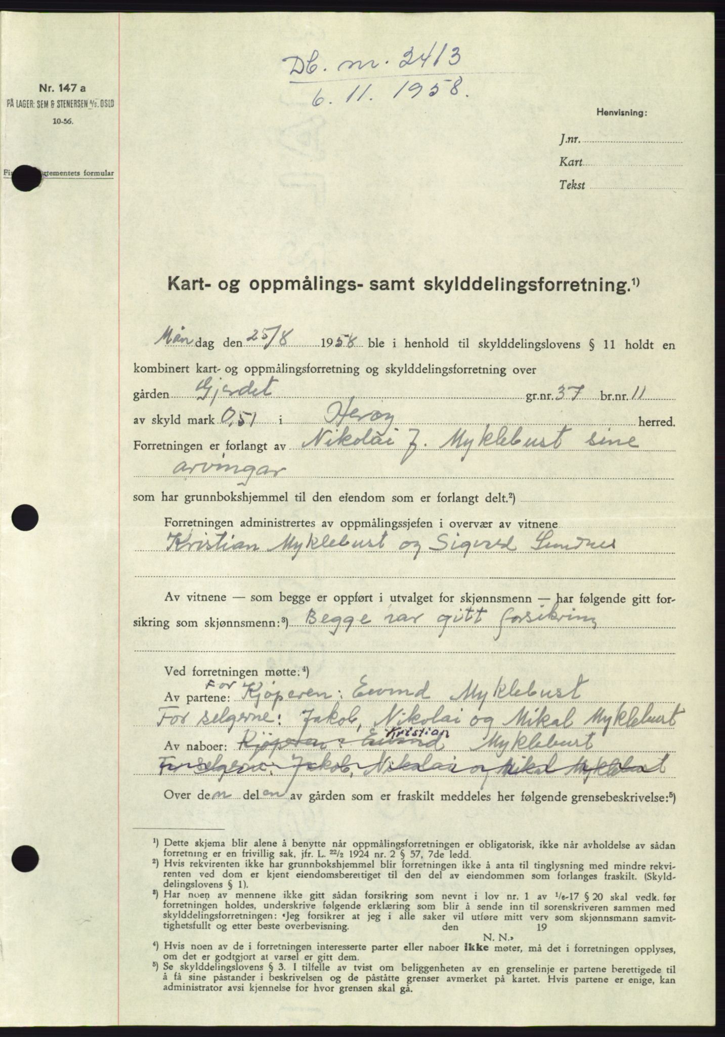 Søre Sunnmøre sorenskriveri, SAT/A-4122/1/2/2C/L0111: Pantebok nr. 37A, 1958-1959, Dagboknr: 2413/1958