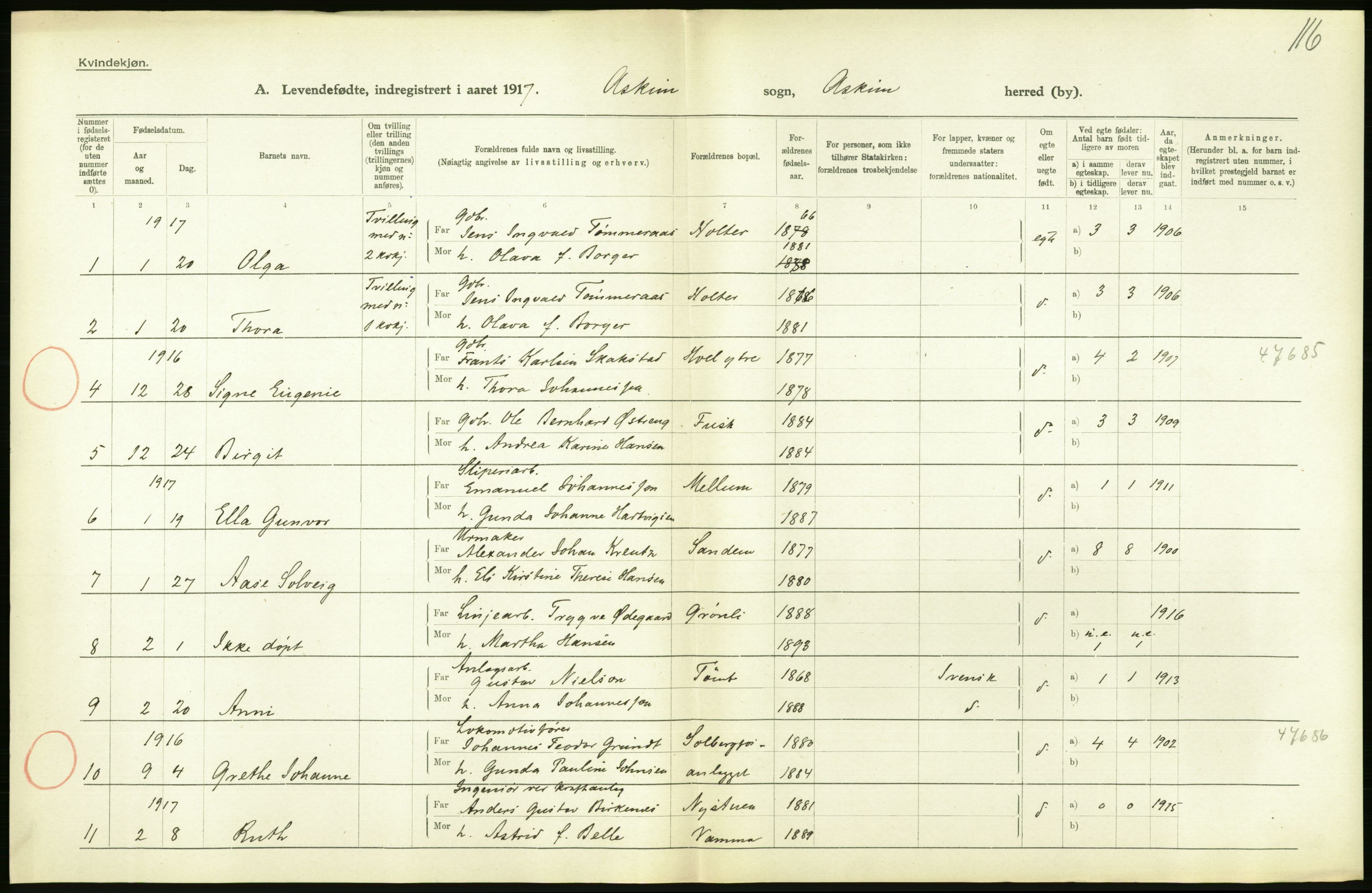 Statistisk sentralbyrå, Sosiodemografiske emner, Befolkning, AV/RA-S-2228/D/Df/Dfb/Dfbg/L0001: Smålenenes amt: Levendefødte menn og kvinner. Bygder., 1917, s. 46