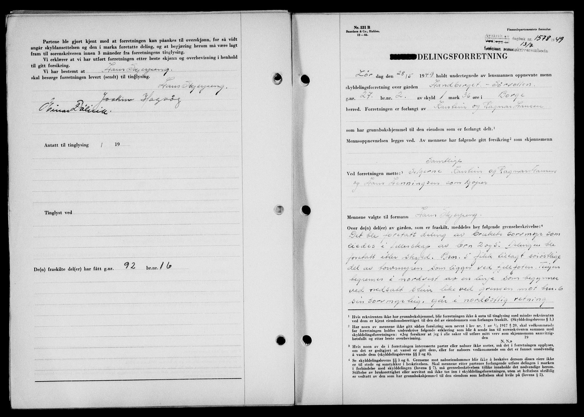 Lofoten sorenskriveri, SAT/A-0017/1/2/2C/L0021a: Pantebok nr. 21a, 1949-1949, Dagboknr: 1578/1949