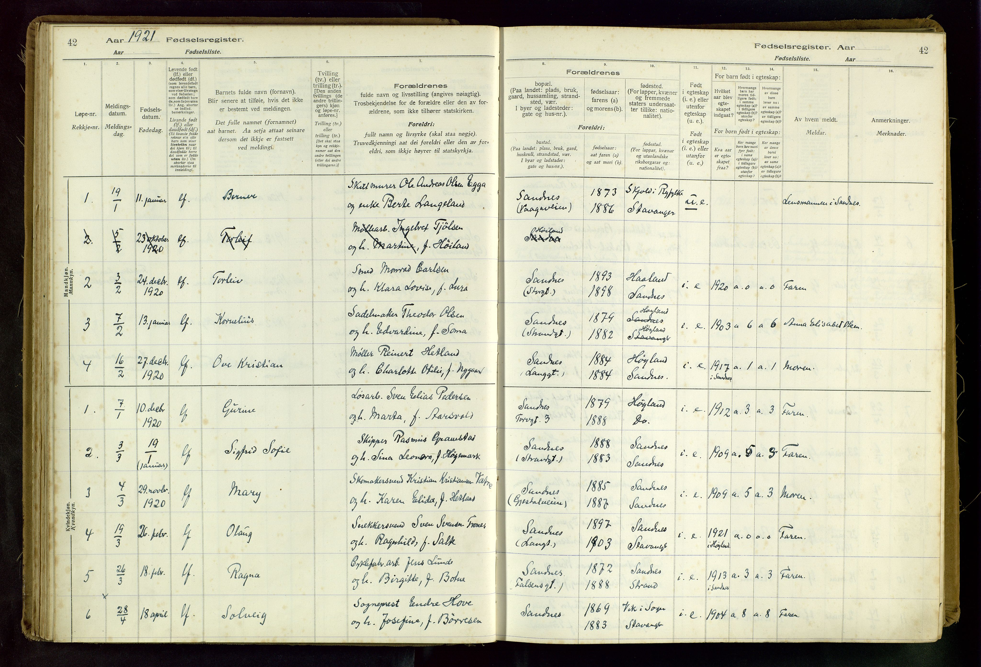 Sandnes sokneprestkontor, SAST/A-101800/704BA/L0001: Fødselsregister nr. 1, 1916-1942, s. 42