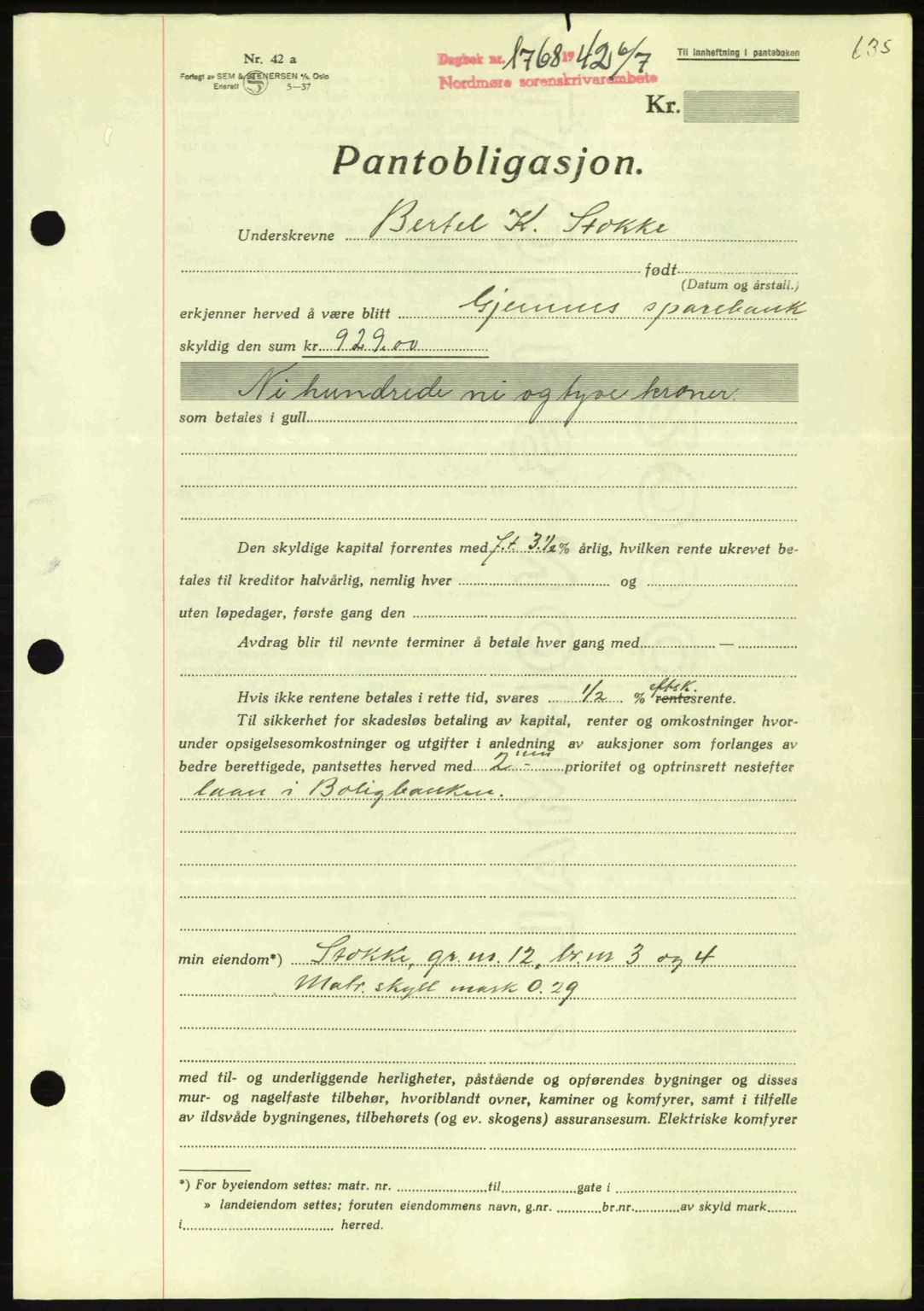 Nordmøre sorenskriveri, AV/SAT-A-4132/1/2/2Ca: Pantebok nr. B89, 1942-1942, Dagboknr: 1768/1942