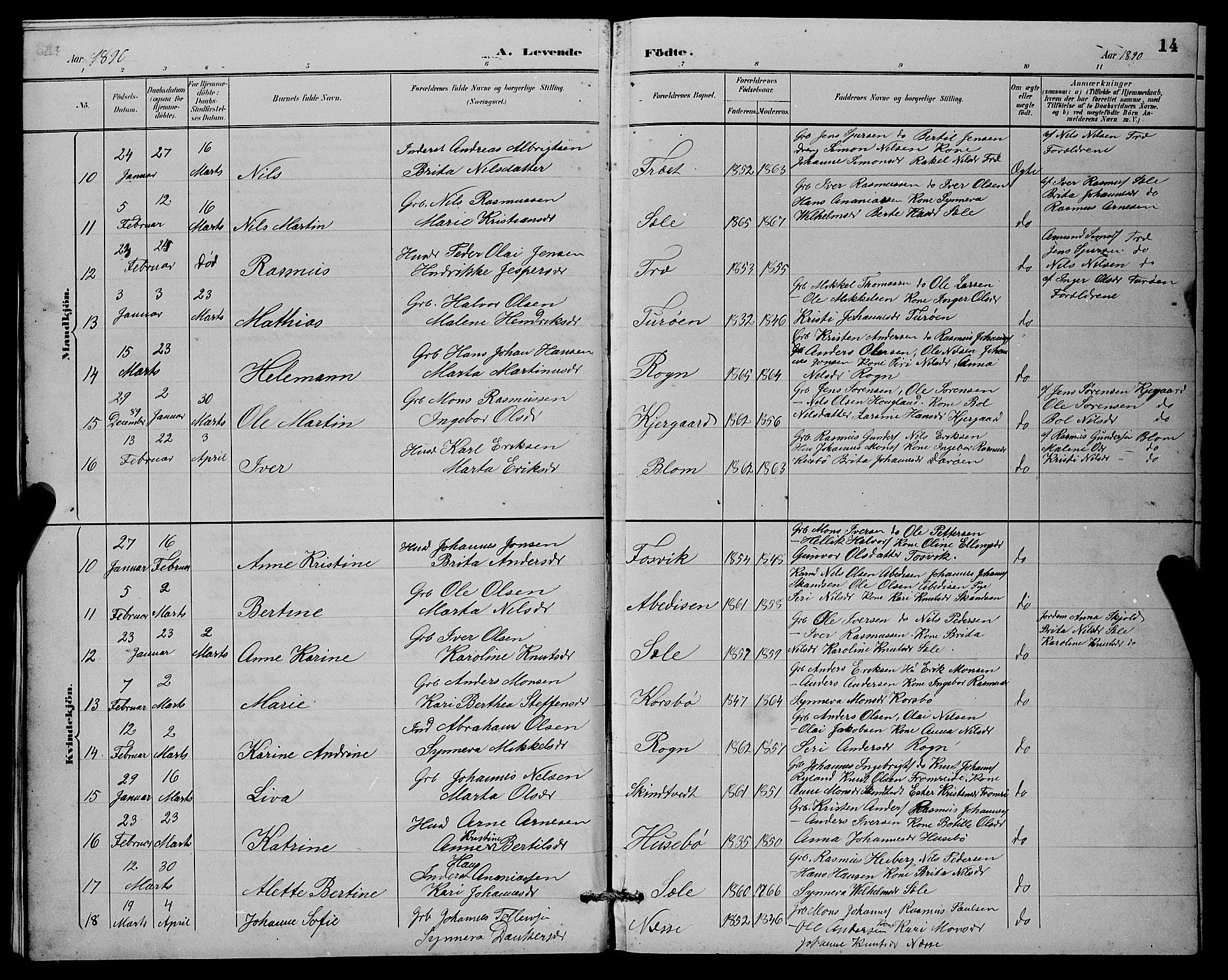 Herdla Sokneprestembete, AV/SAB-A-75701/H/Hab: Klokkerbok nr. A 3, 1889-1899, s. 14
