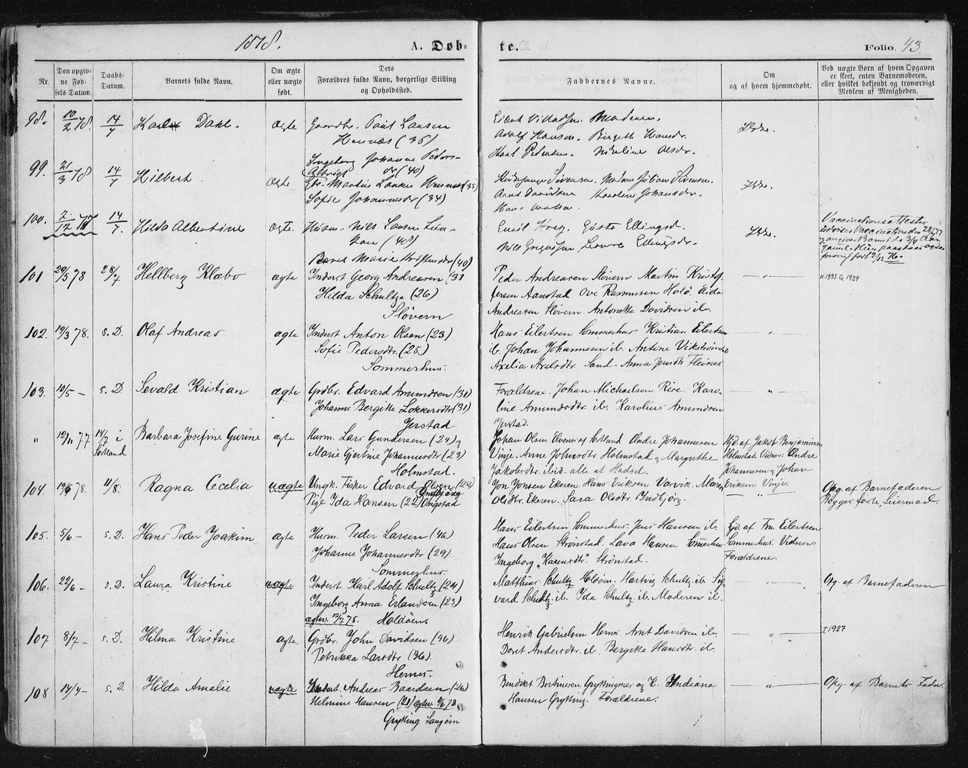 Ministerialprotokoller, klokkerbøker og fødselsregistre - Nordland, AV/SAT-A-1459/888/L1243: Ministerialbok nr. 888A09, 1876-1879, s. 43