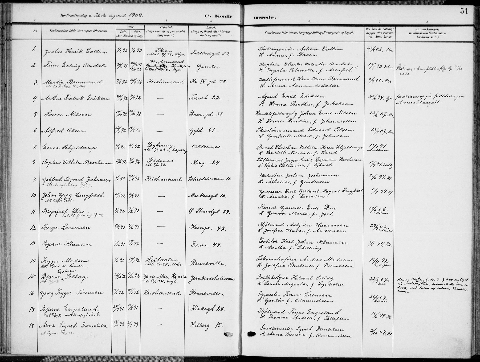 Kristiansand domprosti, AV/SAK-1112-0006/F/Fa/L0022: Ministerialbok nr. A 21, 1905-1916, s. 51