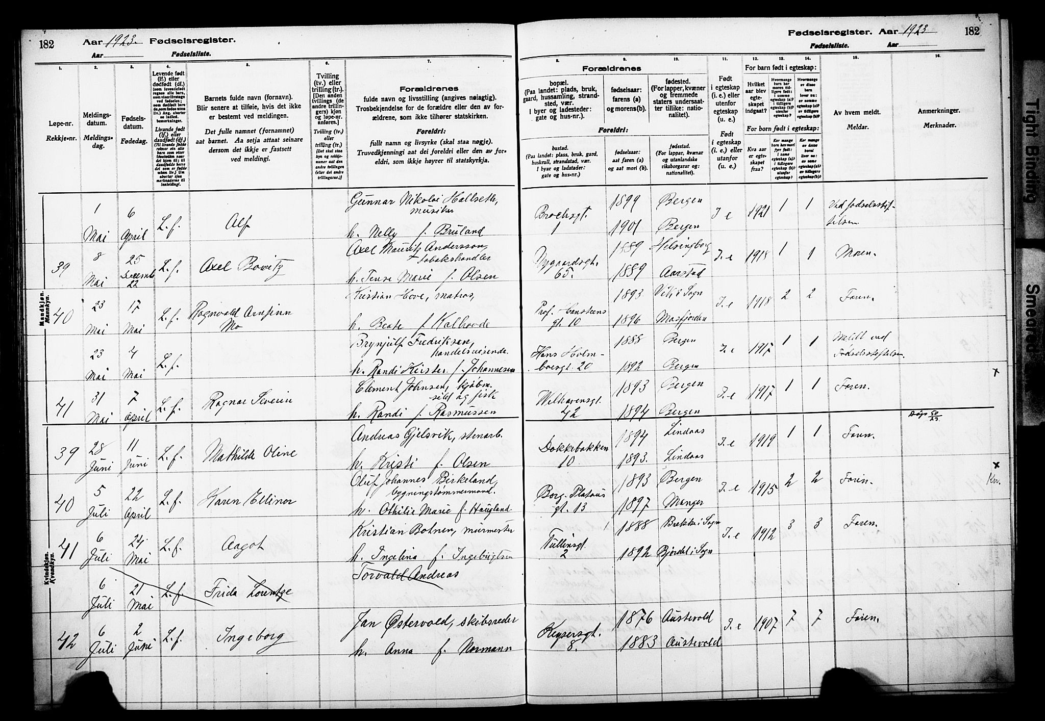 Johanneskirken sokneprestembete, AV/SAB-A-76001/I/Id/L00A1: Fødselsregister nr. A 1, 1916-1924, s. 182