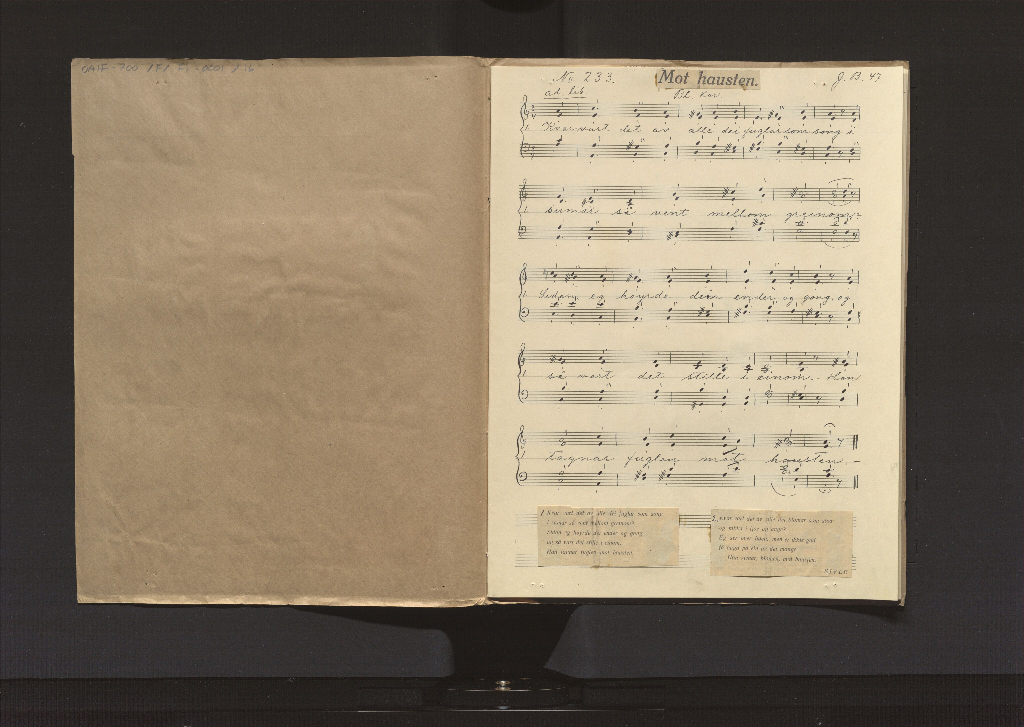 Notesamling Hadeland Folkemuseum, OARM/H-A-00700/F/Fi/L0001/0016: J. A. Ballangrud, "Sangfuglen" / "Sangfuglen" hefte XVI, 1947, s. 2