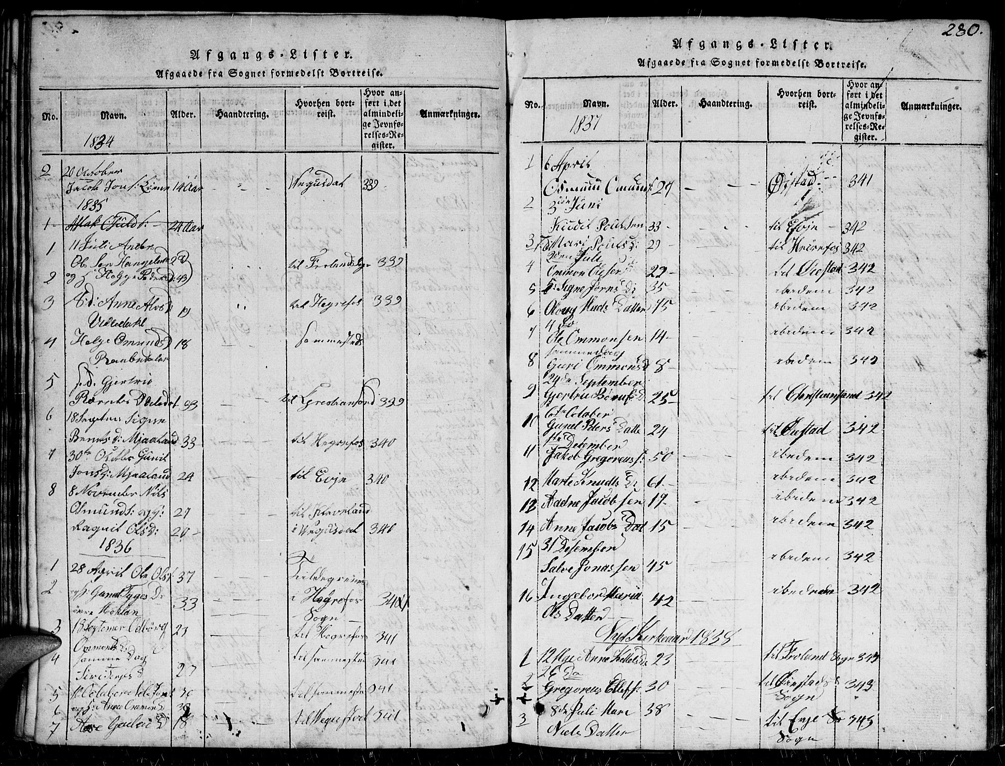 Herefoss sokneprestkontor, AV/SAK-1111-0019/F/Fb/Fbc/L0001: Klokkerbok nr. B 1, 1816-1866, s. 280