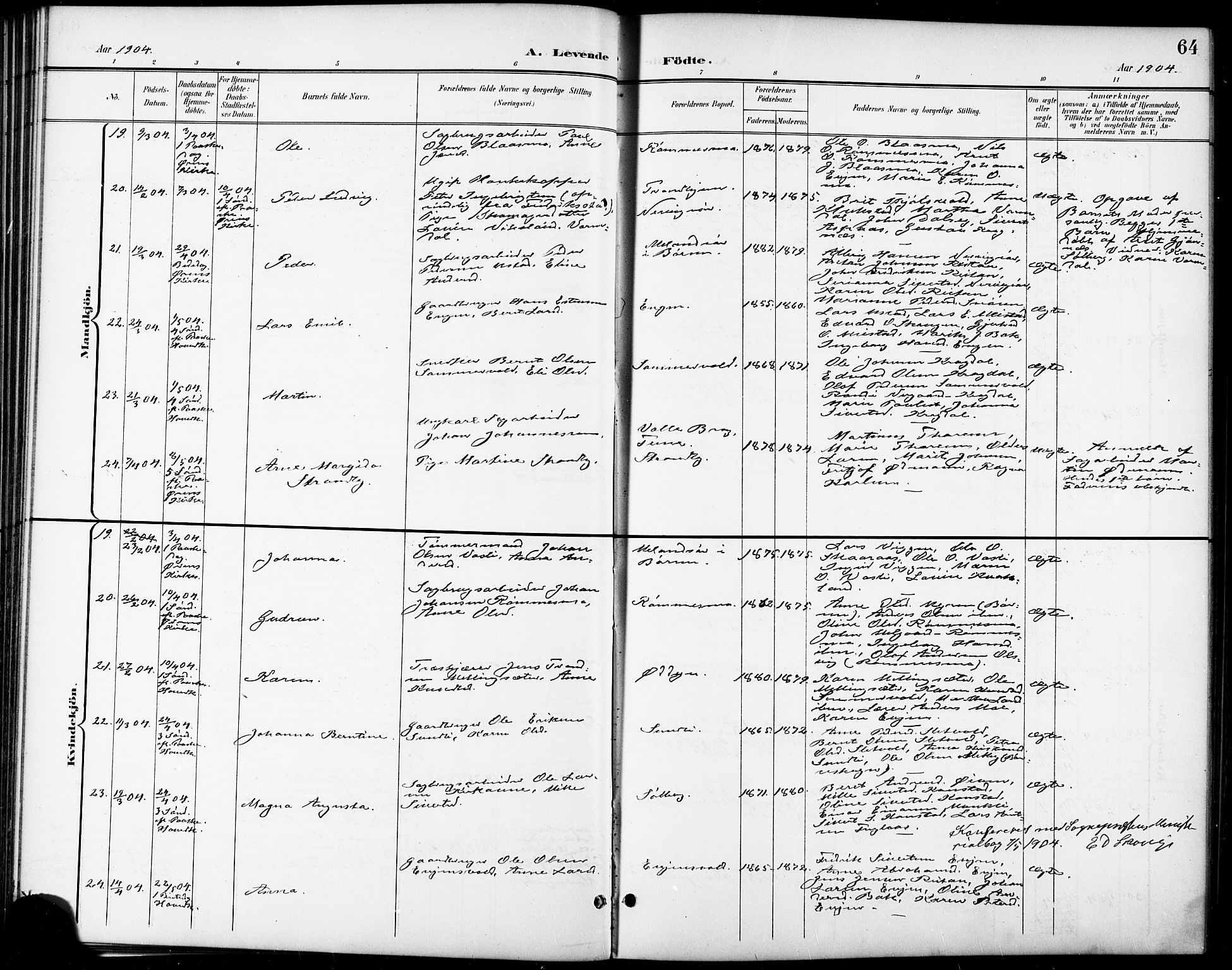 Ministerialprotokoller, klokkerbøker og fødselsregistre - Sør-Trøndelag, AV/SAT-A-1456/668/L0819: Klokkerbok nr. 668C08, 1899-1912, s. 64