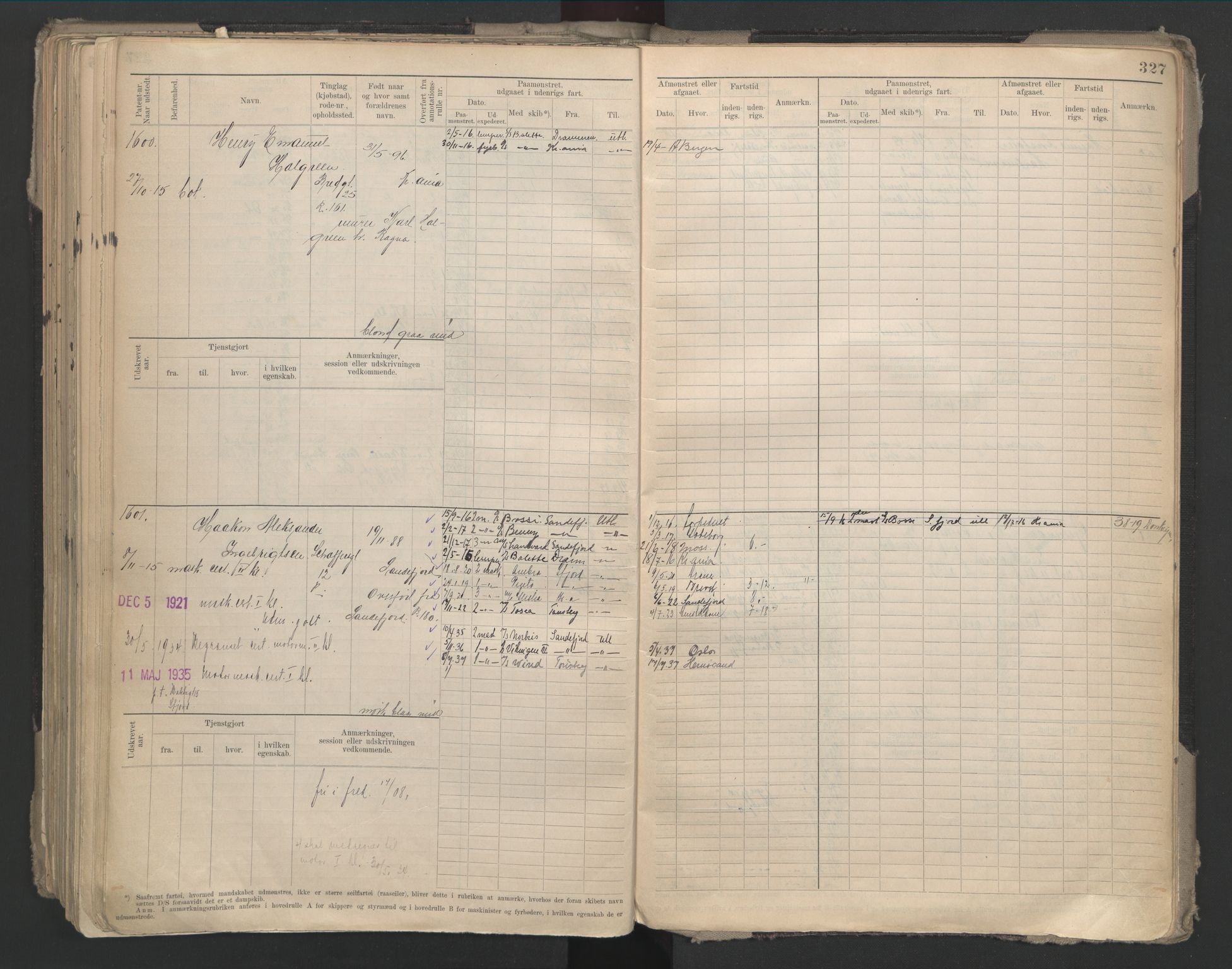 Oslo sjømannskontor, SAO/A-10595/F/Fd/L0002: B-rulle, 1906-1916, s. 326b-327a