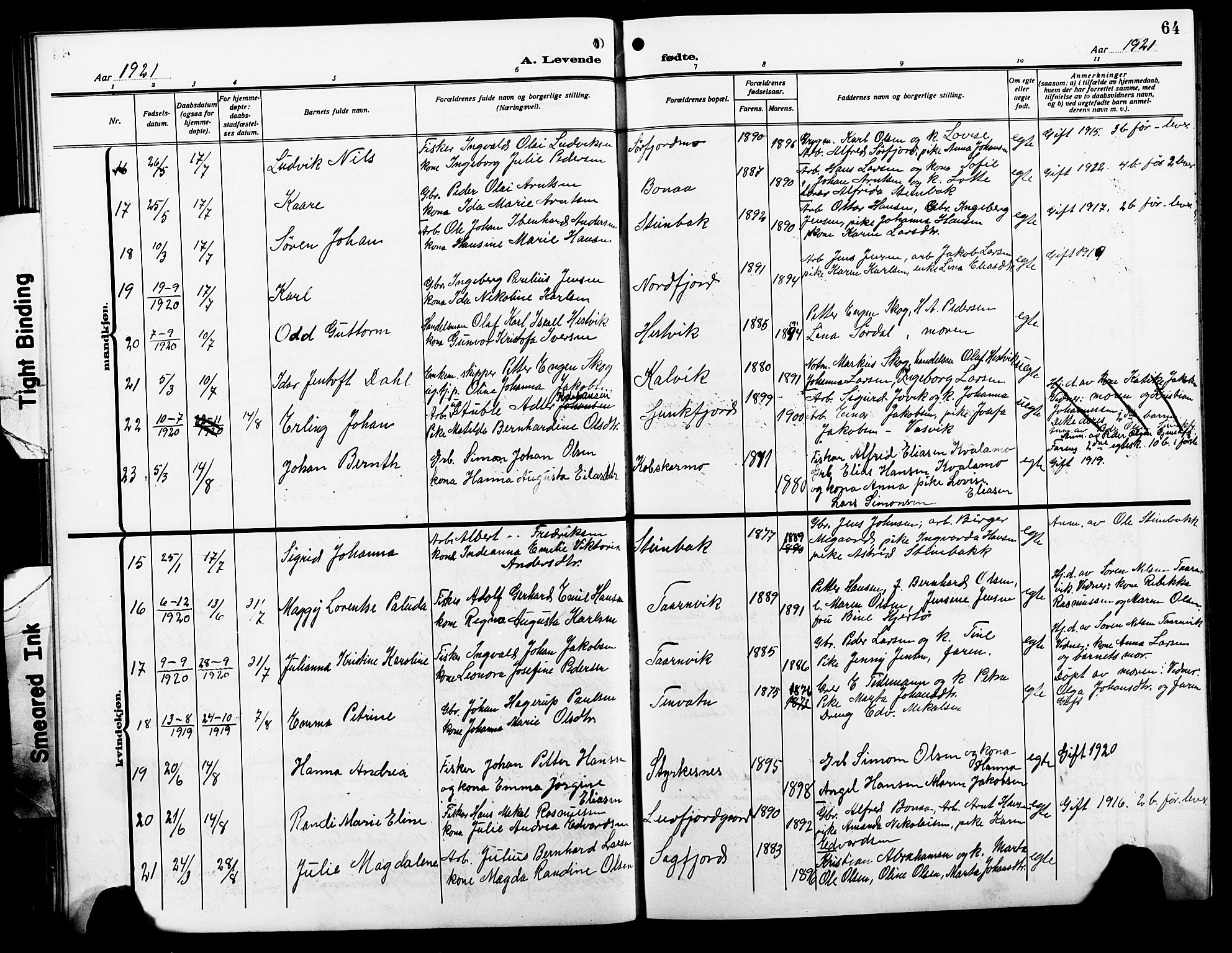 Ministerialprotokoller, klokkerbøker og fødselsregistre - Nordland, AV/SAT-A-1459/854/L0787: Klokkerbok nr. 854C03, 1913-1926, s. 64