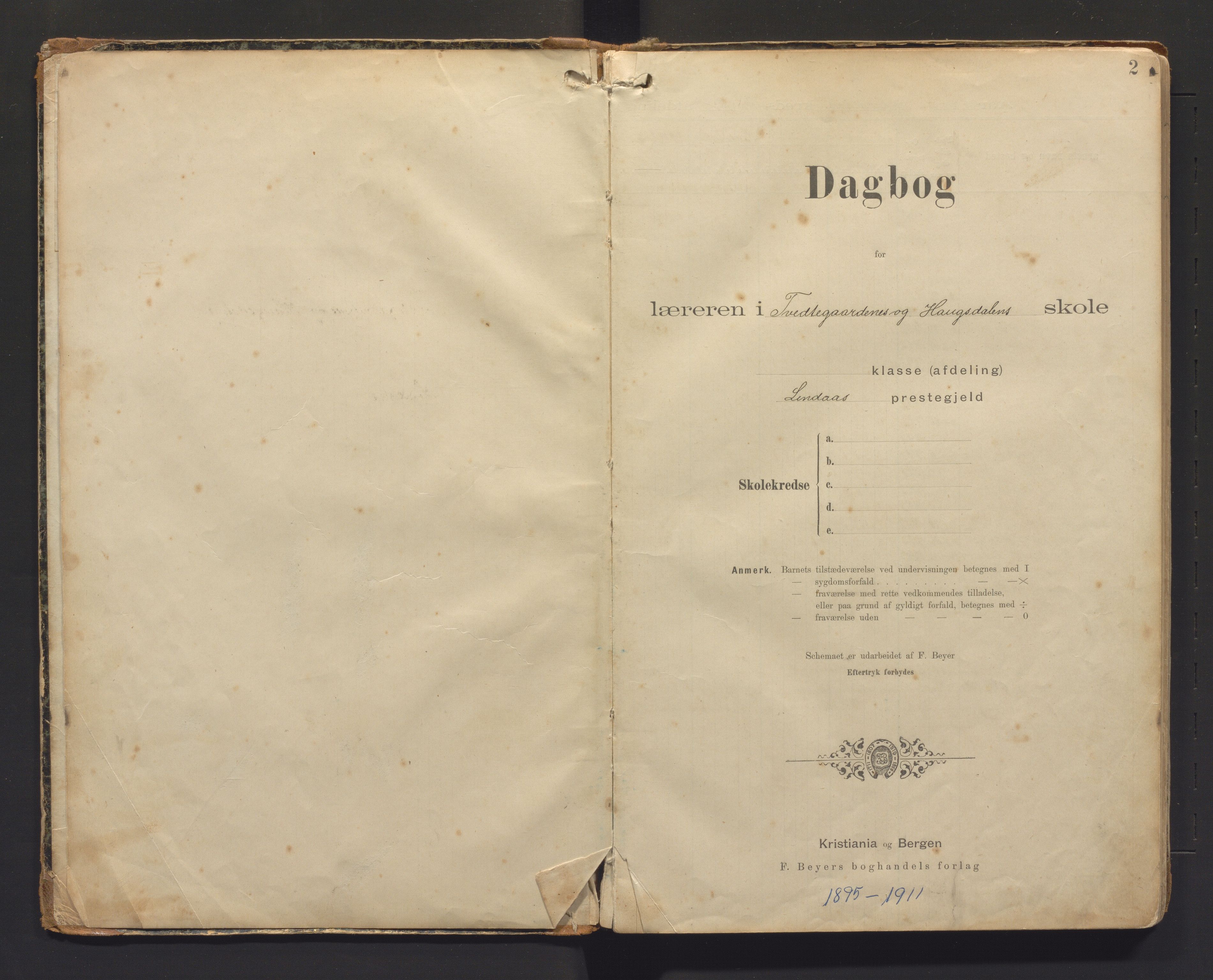 Lindås kommune. Barneskulane, IKAH/1263-231/G/Ga/L0015: Dagbok for læraren i Tvedtegardane og Haugsdalen krinsar, 1895-1911