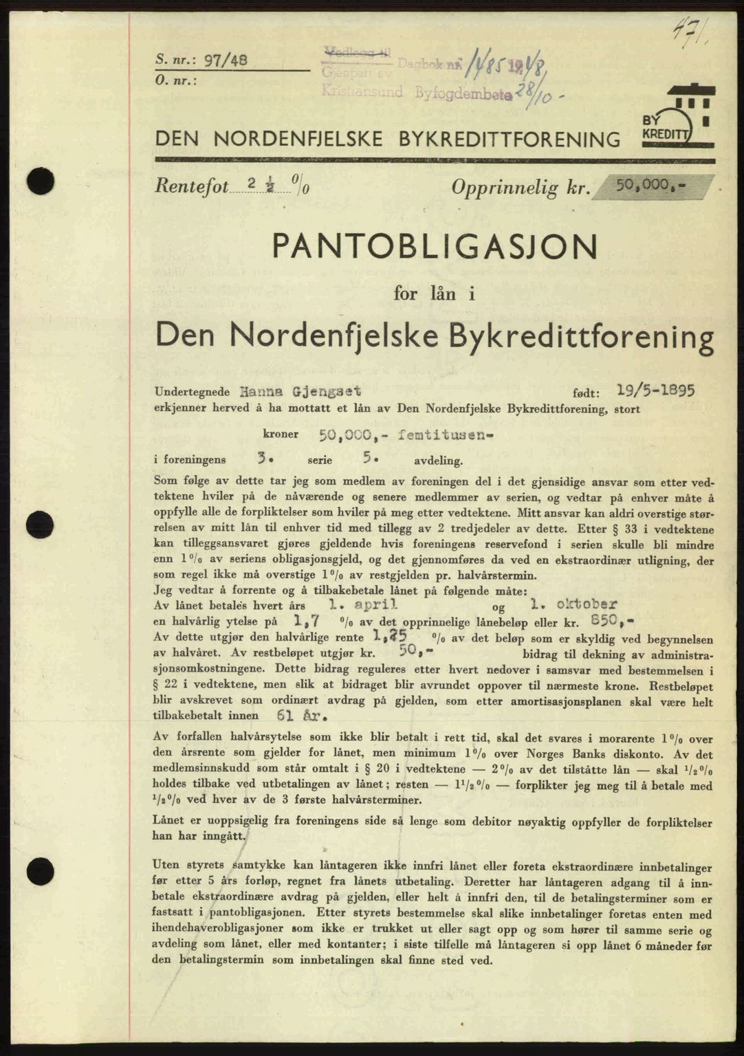 Kristiansund byfogd, AV/SAT-A-4587/A/27: Pantebok nr. 44, 1947-1948, Dagboknr: 1485/1948
