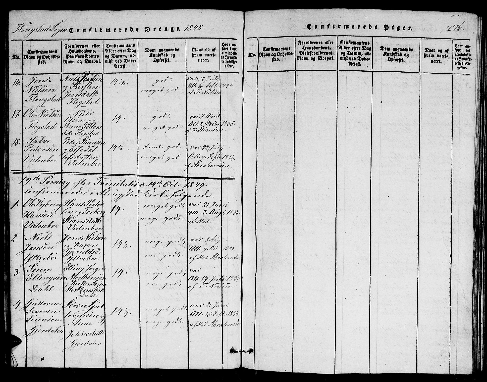 Dypvåg sokneprestkontor, AV/SAK-1111-0007/F/Fb/Fbb/L0001: Klokkerbok nr. B 1, 1816-1850, s. 276