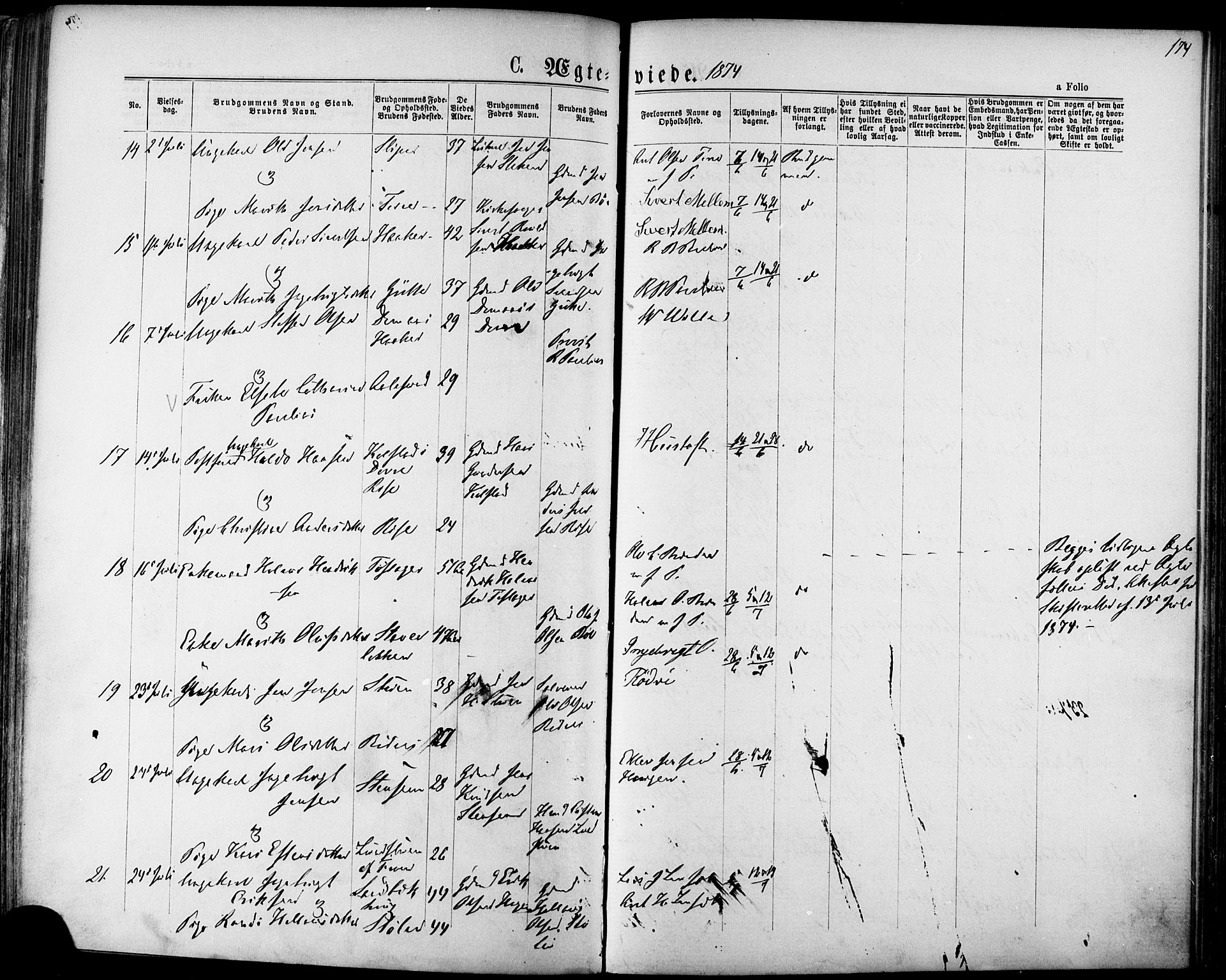 Ministerialprotokoller, klokkerbøker og fødselsregistre - Sør-Trøndelag, SAT/A-1456/678/L0900: Ministerialbok nr. 678A09, 1872-1881, s. 174