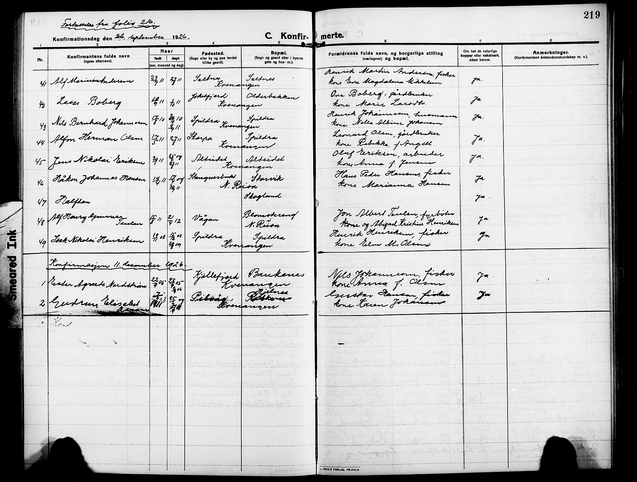 Skjervøy sokneprestkontor, AV/SATØ-S-1300/H/Ha/Hab/L0009klokker: Klokkerbok nr. 9, 1911-1926, s. 219