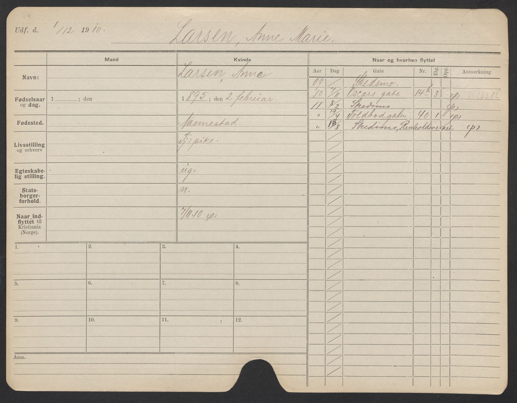 Oslo folkeregister, Registerkort, AV/SAO-A-11715/F/Fa/Fac/L0019: Kvinner, 1906-1914, s. 819a
