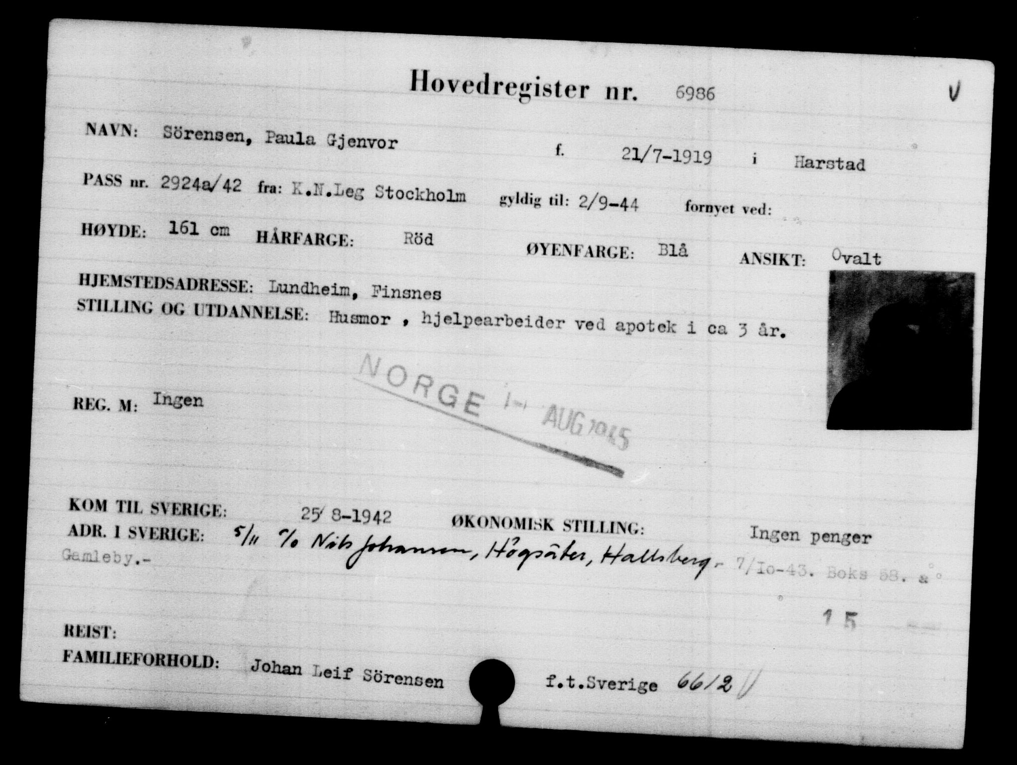 Utenriksstasjonene, Legasjonen i Stockholm, Flyktningkontoret, AV/RA-S-6753/V/Va/L0005: Kjesäterkartoteket, flyktning nr. 6600-9417, 1940-1945, s. 466