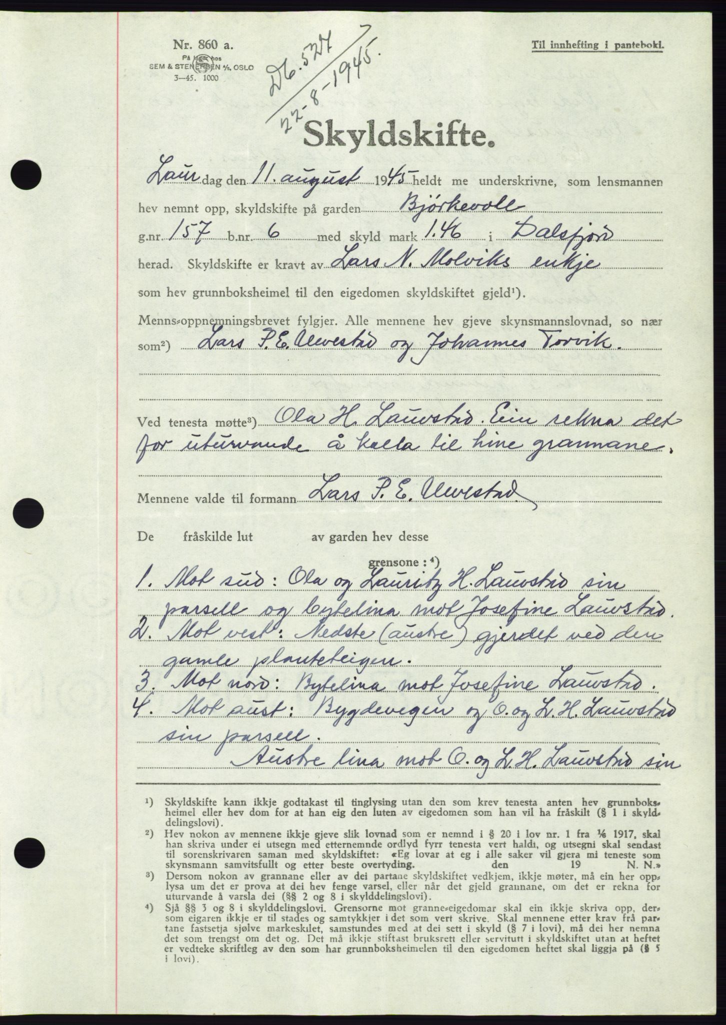 Søre Sunnmøre sorenskriveri, AV/SAT-A-4122/1/2/2C/L0077: Pantebok nr. 3A, 1945-1946, Dagboknr: 527/1945