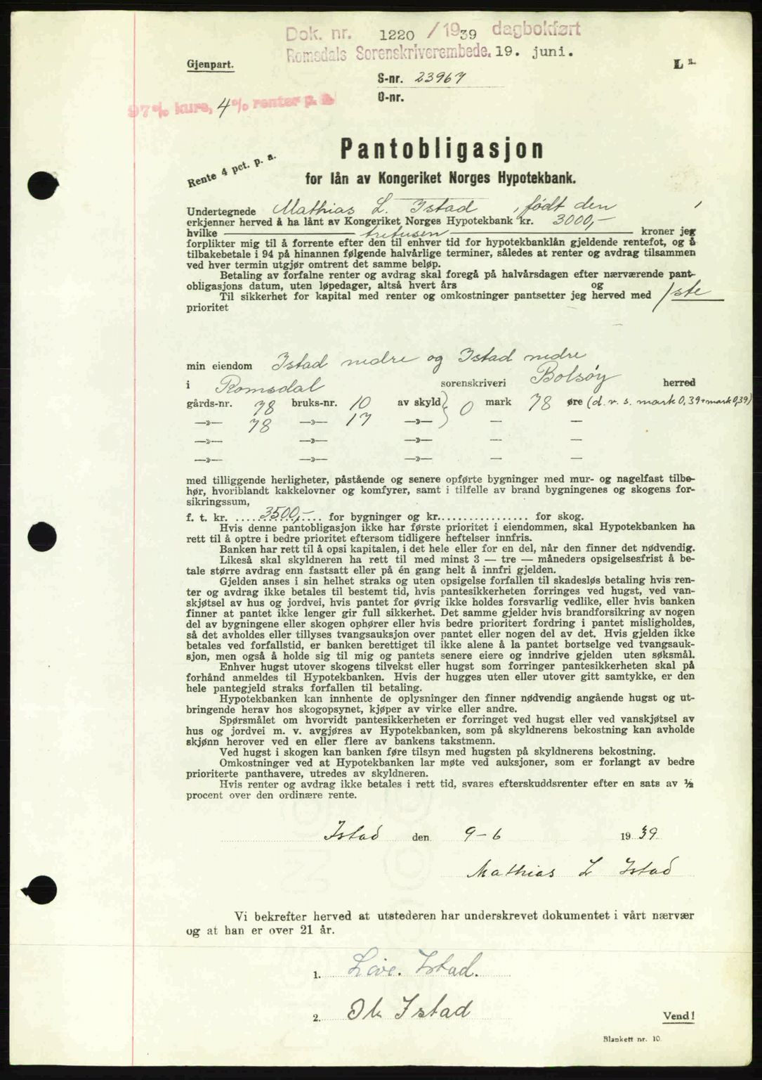 Romsdal sorenskriveri, SAT/A-4149/1/2/2C: Pantebok nr. B1, 1936-1939, Dagboknr: 1220/1939