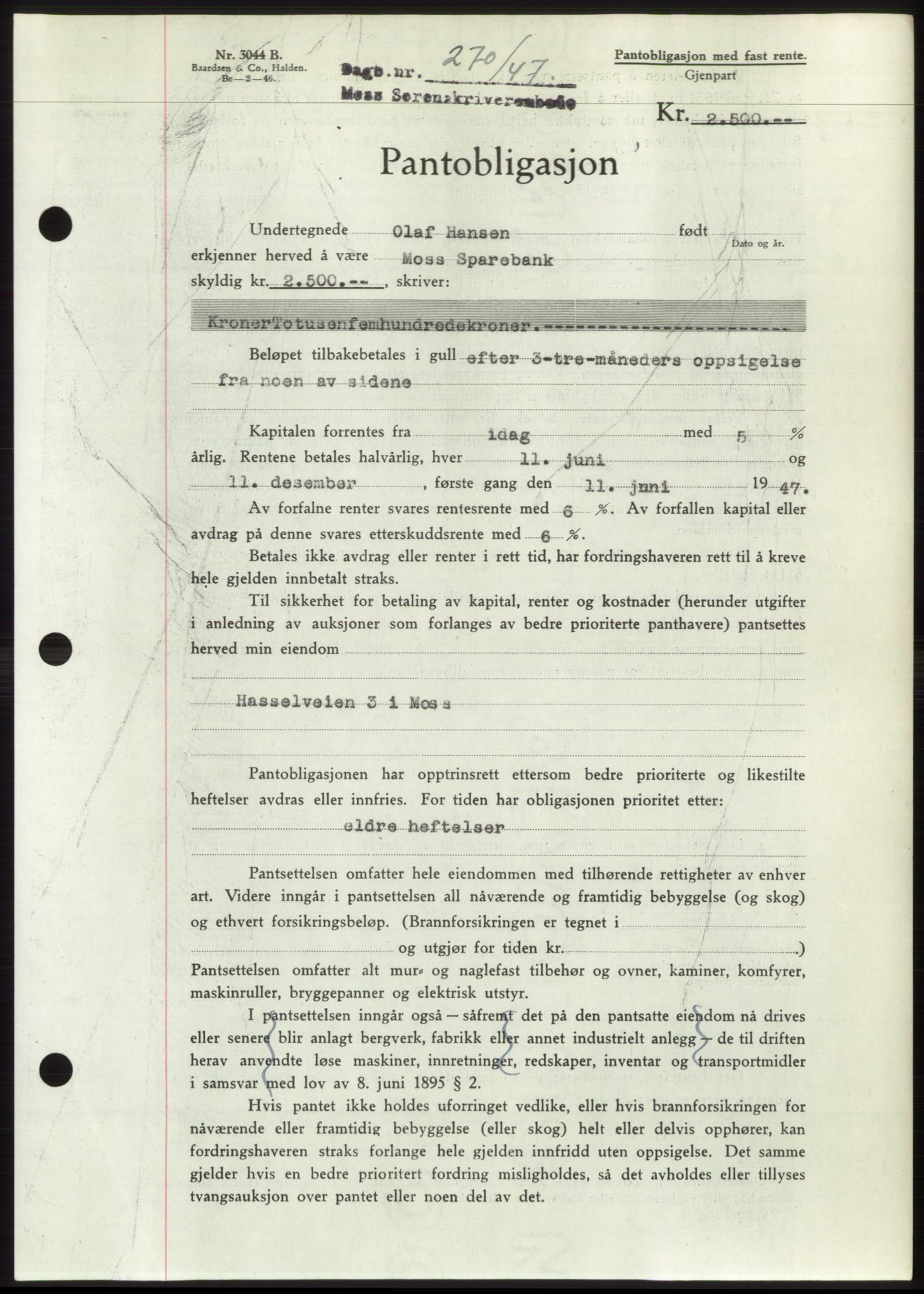 Moss sorenskriveri, SAO/A-10168: Pantebok nr. B16, 1946-1947, Dagboknr: 270/1947