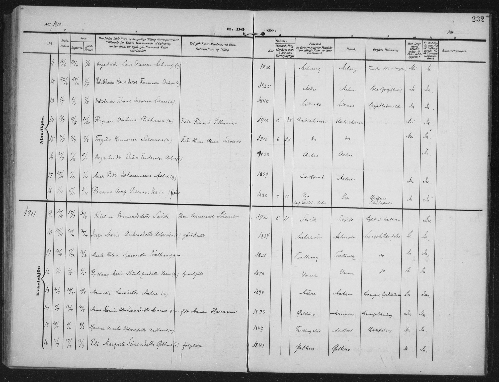 Kopervik sokneprestkontor, AV/SAST-A-101850/H/Ha/Haa/L0005: Ministerialbok nr. A 5, 1906-1924, s. 232