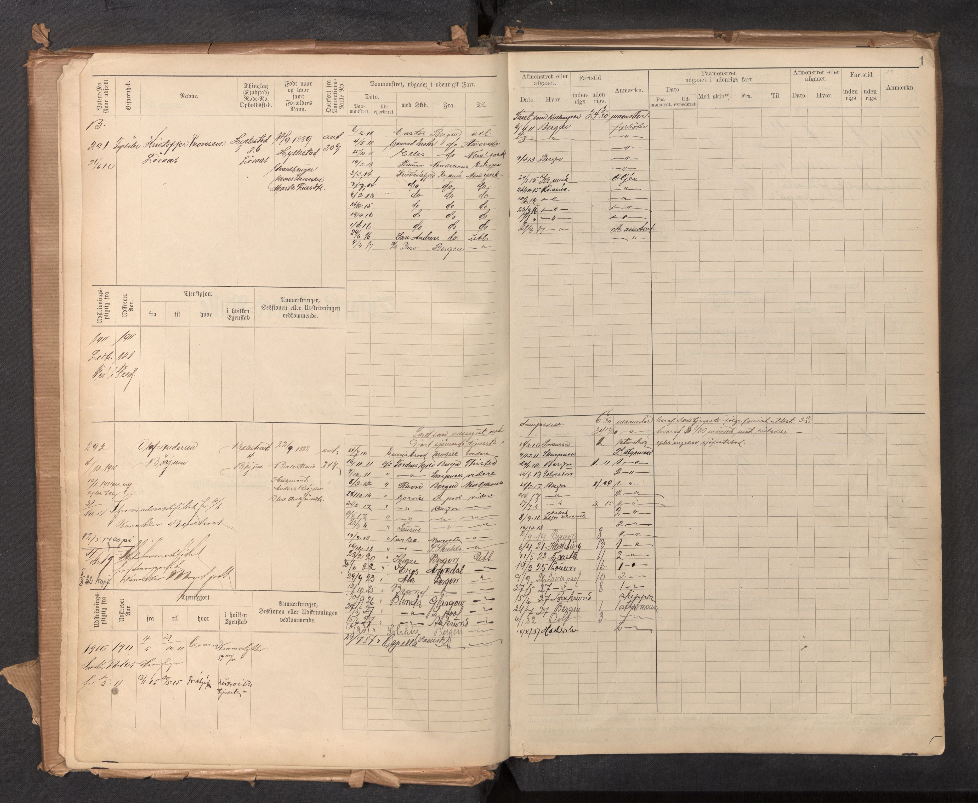 Innrulleringssjefen i Bergen, AV/SAB-A-100050/F/Fg/L0002: Sjøfartshovedrulle, nr. 291 - 376, 1910-1929, s. 1