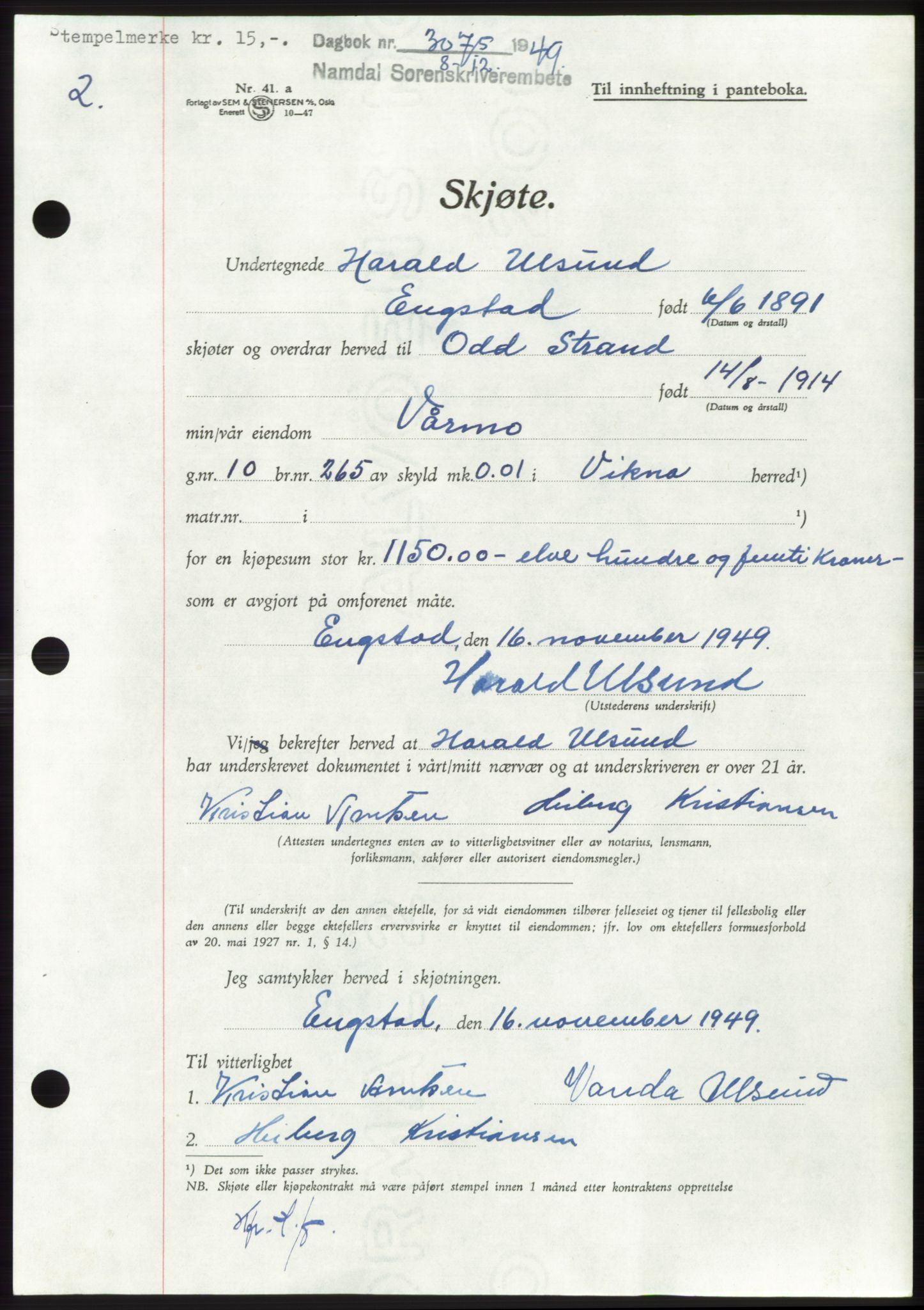 Namdal sorenskriveri, SAT/A-4133/1/2/2C: Pantebok nr. -, 1949-1949, Dagboknr: 3075/1949