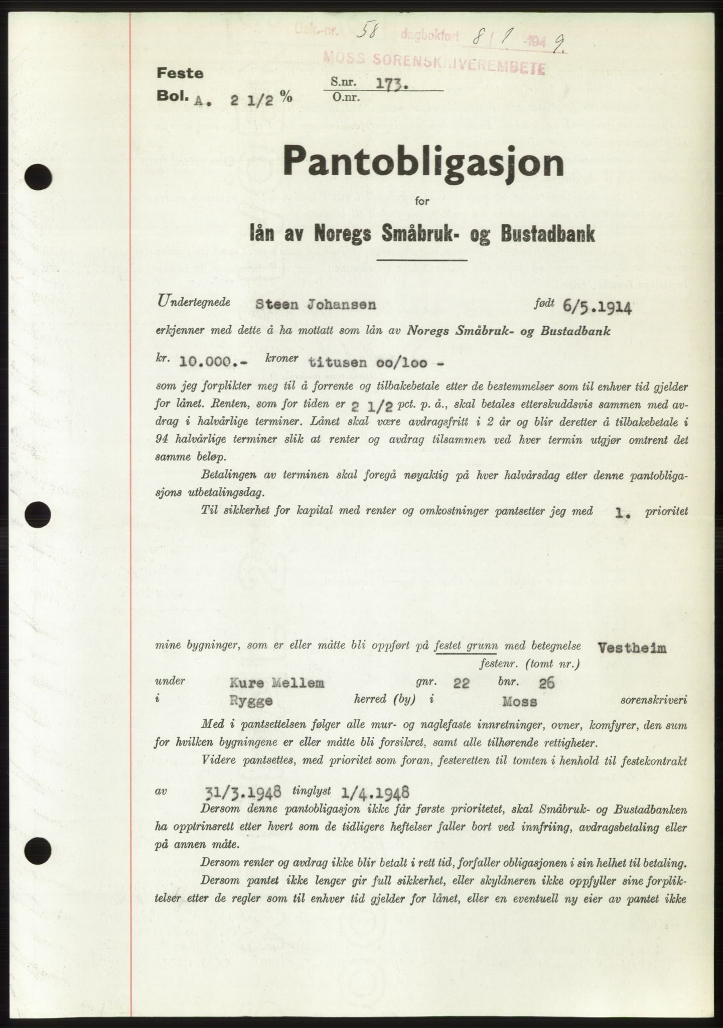 Moss sorenskriveri, SAO/A-10168: Pantebok nr. B21, 1949-1949, Dagboknr: 58/1949