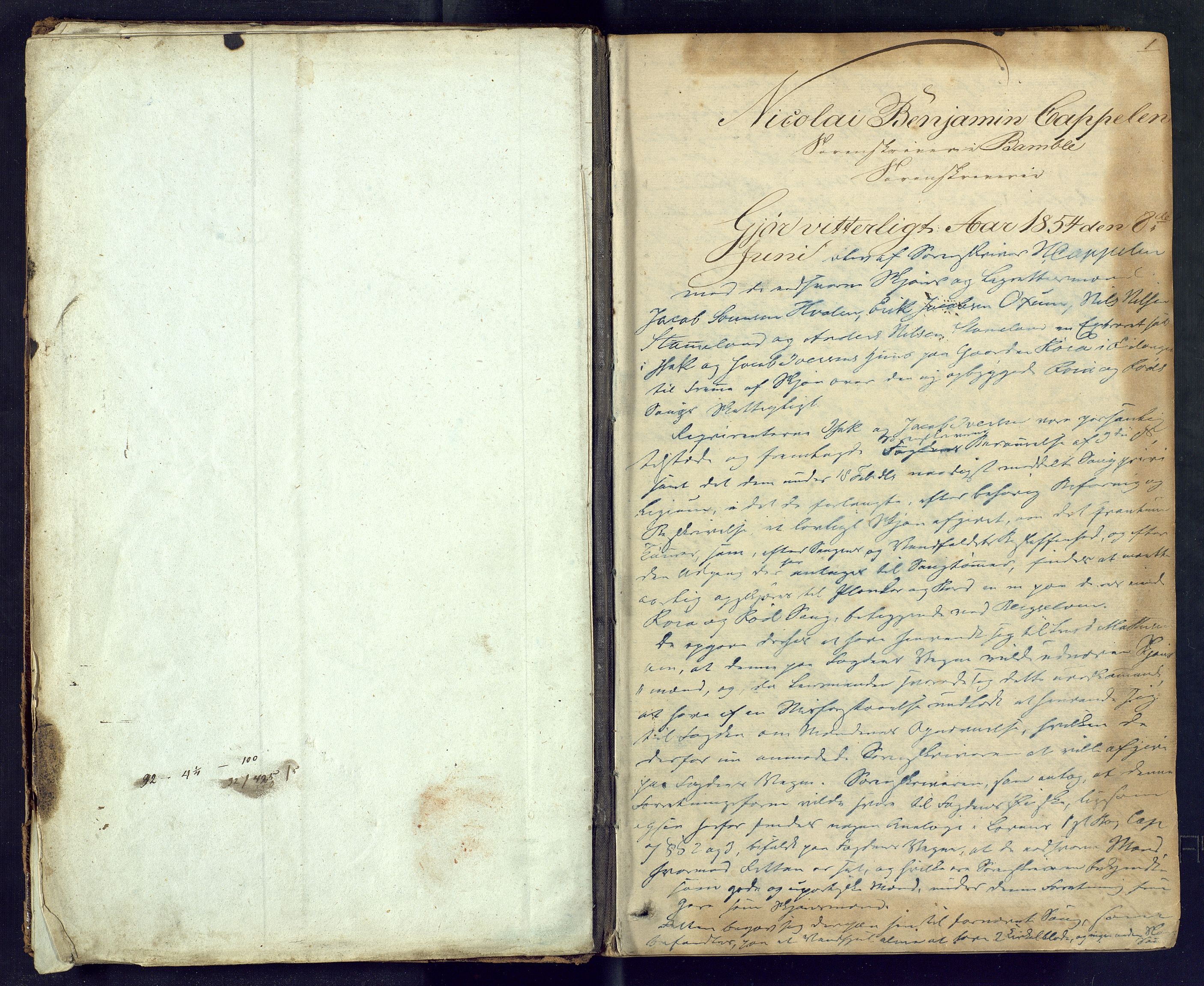 Bamble sorenskriveri, SAKO/A-214/F/Fc/Fca/L0008: Ekstrarettsprotokoll, 1854-1859, s. 0-1
