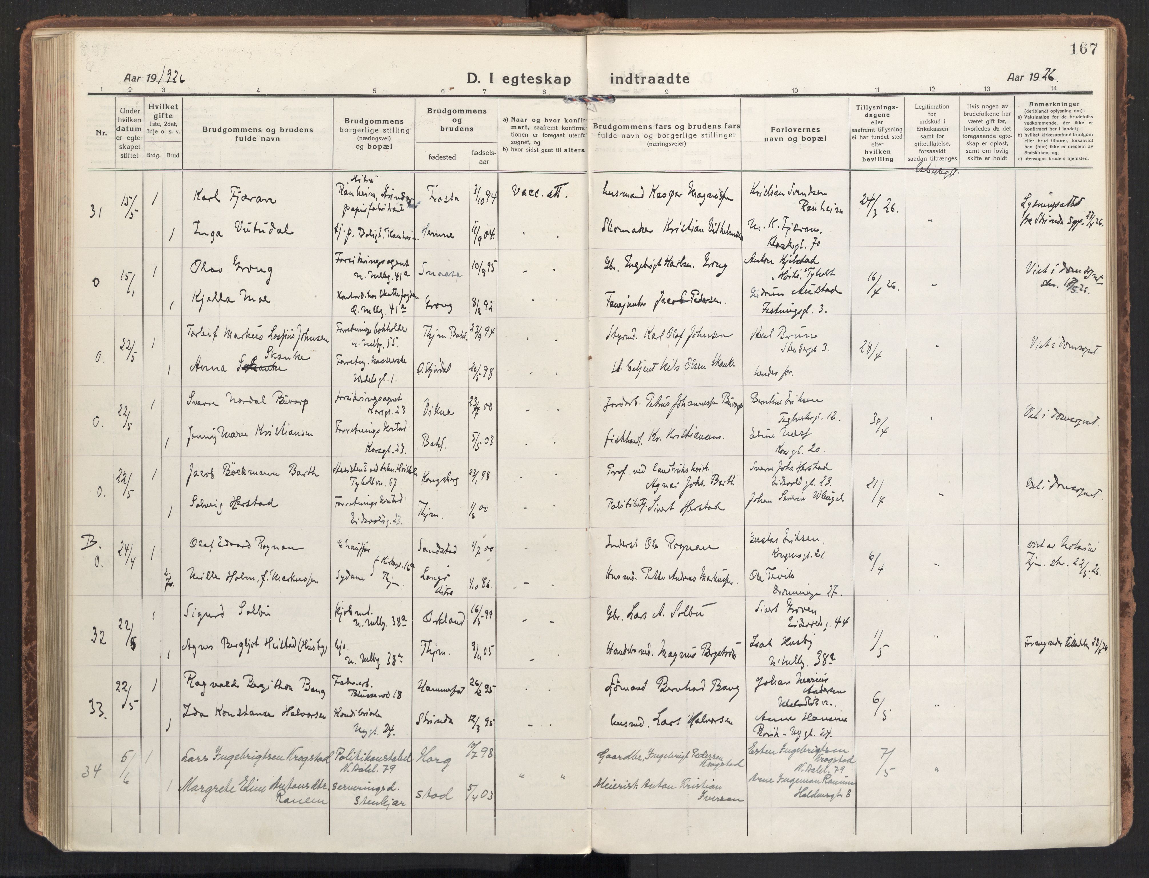 Ministerialprotokoller, klokkerbøker og fødselsregistre - Sør-Trøndelag, AV/SAT-A-1456/604/L0206: Ministerialbok nr. 604A26, 1917-1931, s. 167