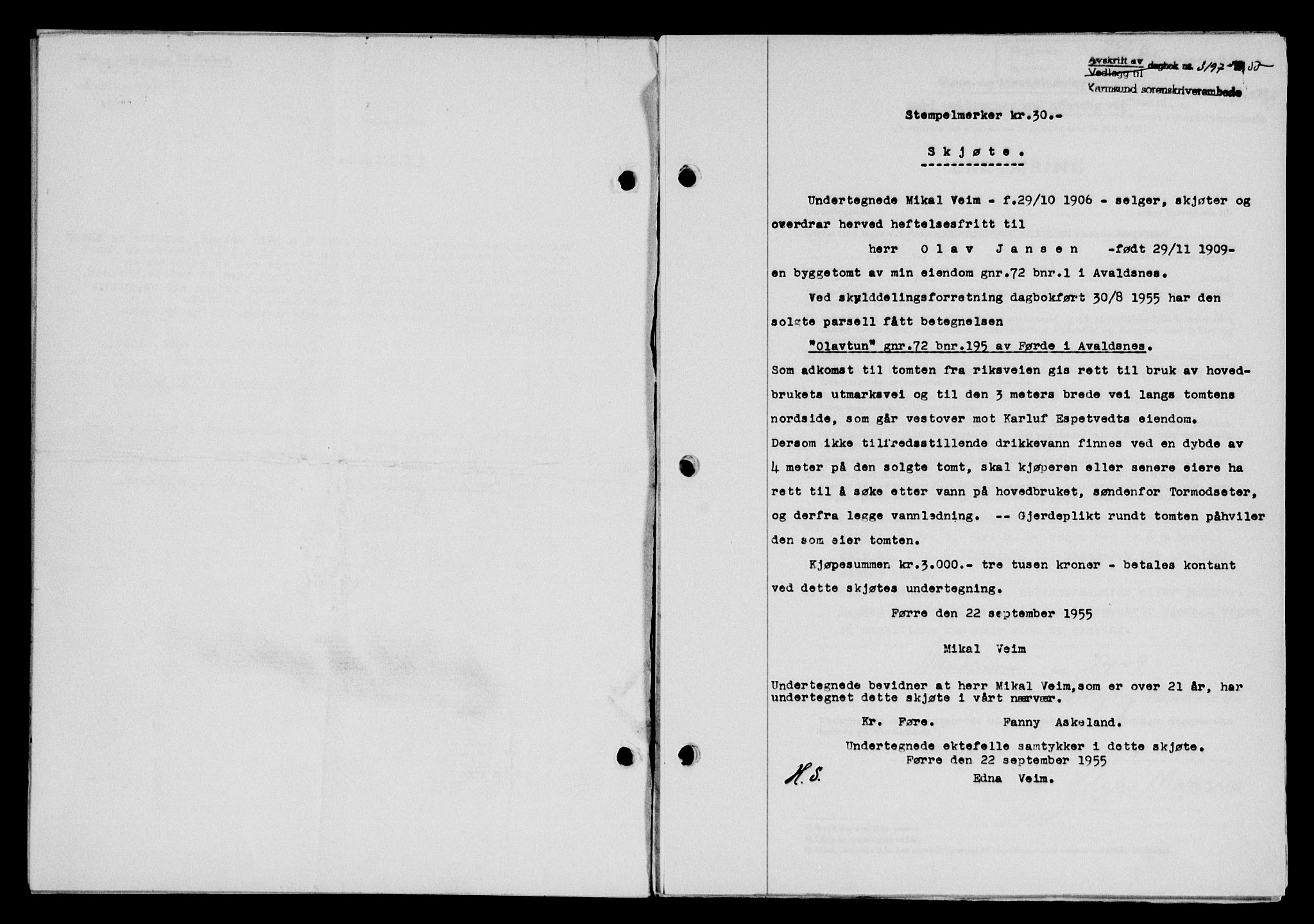 Karmsund sorenskriveri, SAST/A-100311/01/II/IIB/L0117: Pantebok nr. 97Aa, 1955-1955, Dagboknr: 3197/1955